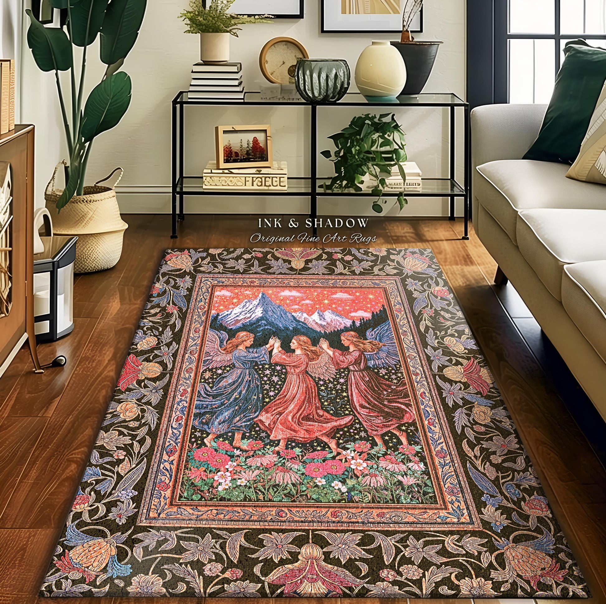 Enchanted Meadow Angel Rug | Ethereal Dreamy Bohemian Cottagecore Light Academia Mystic Folklore Bedroom Pastel Whimsical Decor Whimsigoth