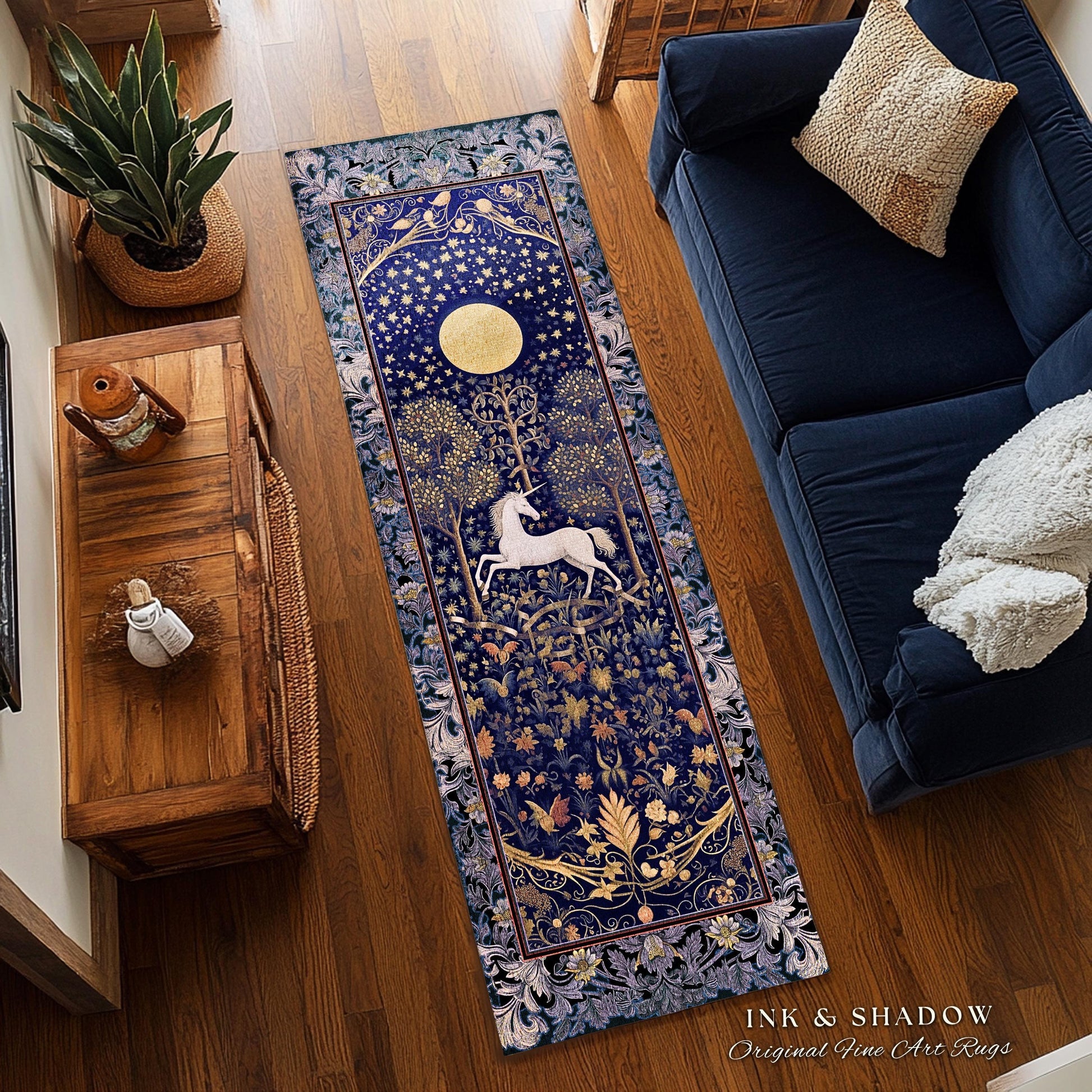 Medieval Fairytale Unicorn Runner Rug | Gothic Whimsical Eclectic Fairycore Home Accent Victorian Gothic Dark Floral Decor French Baroque |