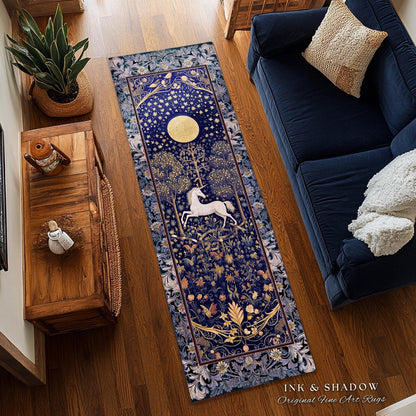 Medieval Fairytale Unicorn Runner Rug | Gothic Whimsical Eclectic Fairycore Home Accent Victorian Gothic Dark Floral Decor French Baroque |