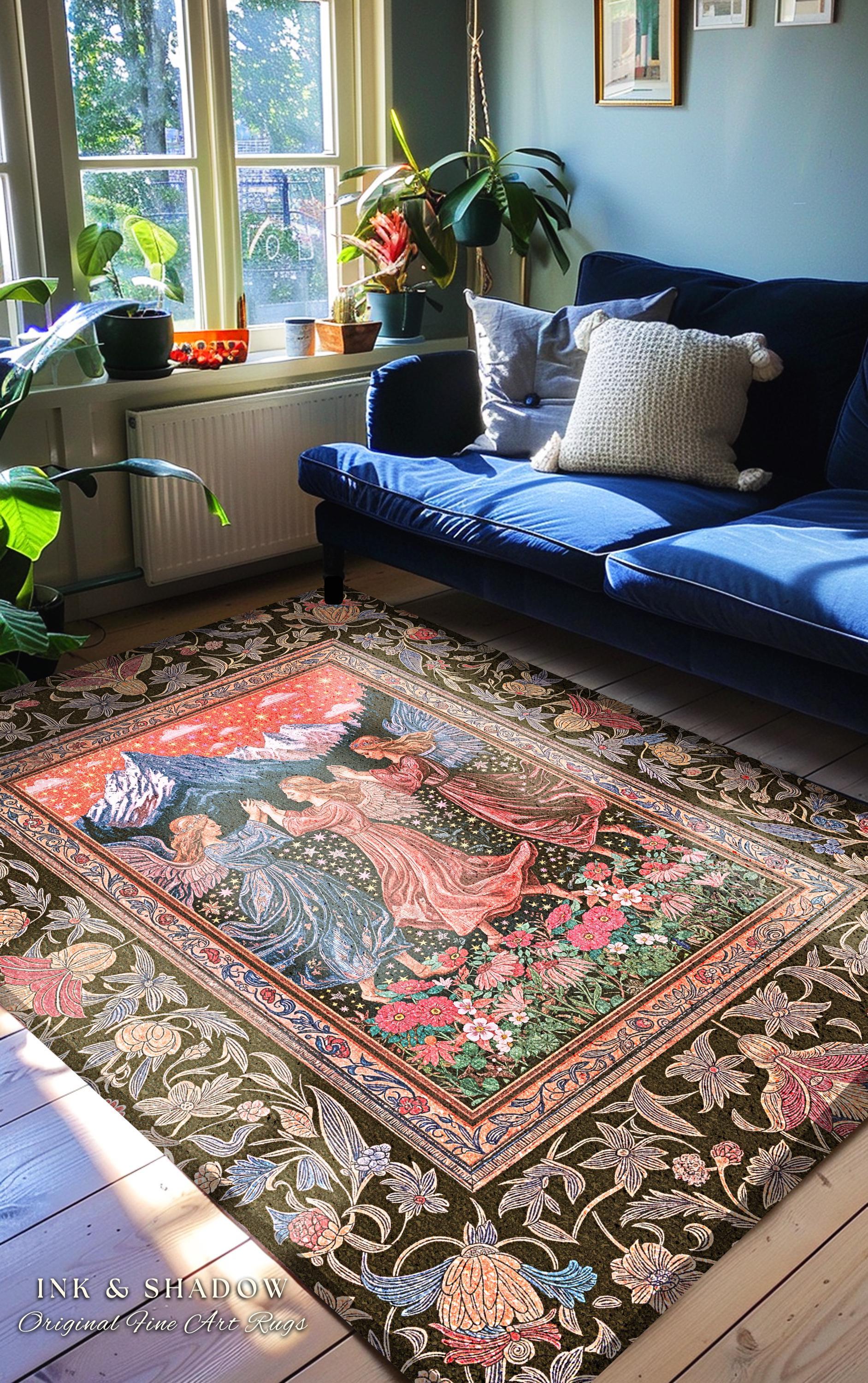 Enchanted Meadow Angel Rug | Ethereal Dreamy Bohemian Cottagecore Light Academia Mystic Folklore Bedroom Pastel Whimsical Decor Whimsigoth