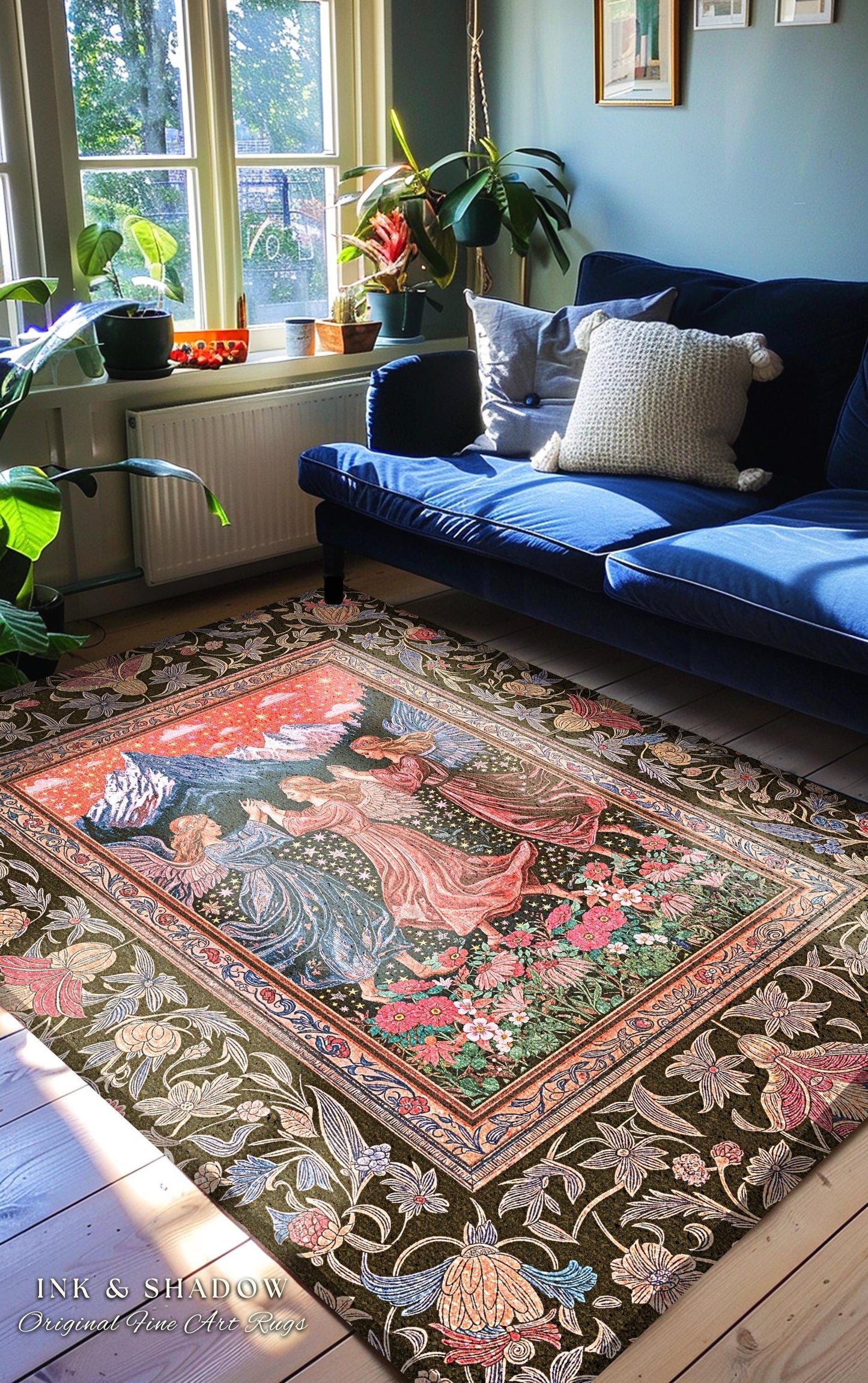 Enchanted Meadow Angel Rug | Ethereal Dreamy Bohemian Cottagecore Light Academia Mystic Folklore Bedroom Pastel Whimsical Decor Whimsigoth