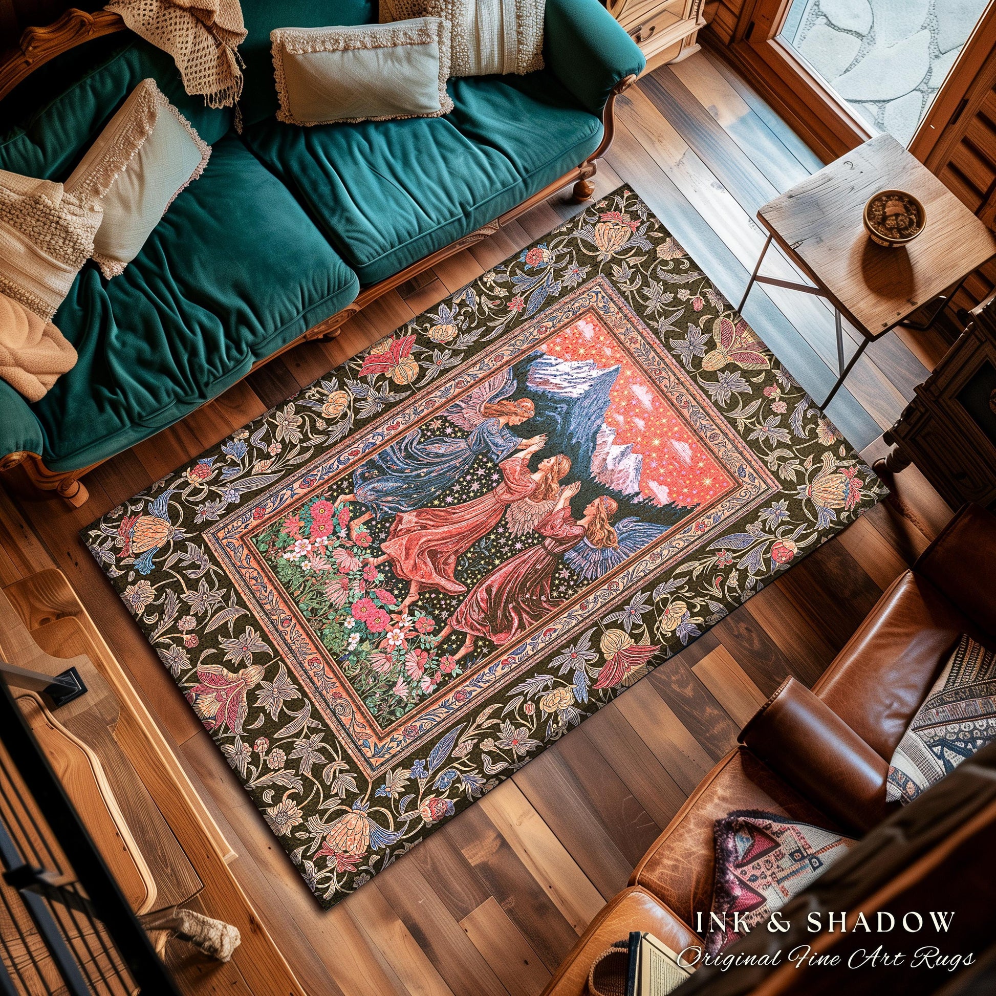 Enchanted Meadow Angel Rug | Ethereal Dreamy Bohemian Cottagecore Light Academia Mystic Folklore Bedroom Pastel Whimsical Decor Whimsigoth