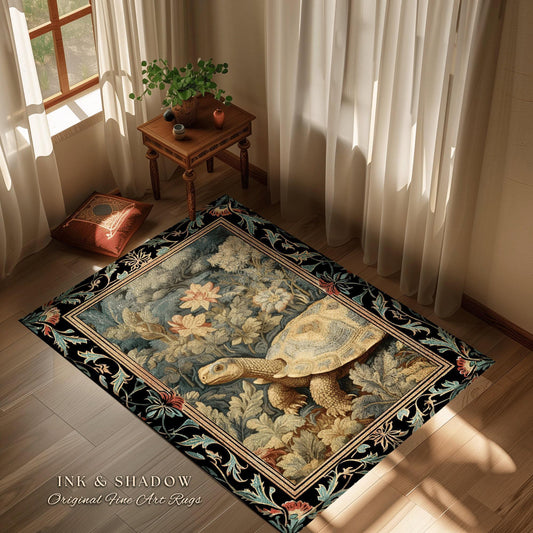 Ornate Floral Bedroom Rug | Tortoise Decor William Morris Style Cottagecore Reading Corner Dark Fairycore Room Mystical Woodland Aesthetic