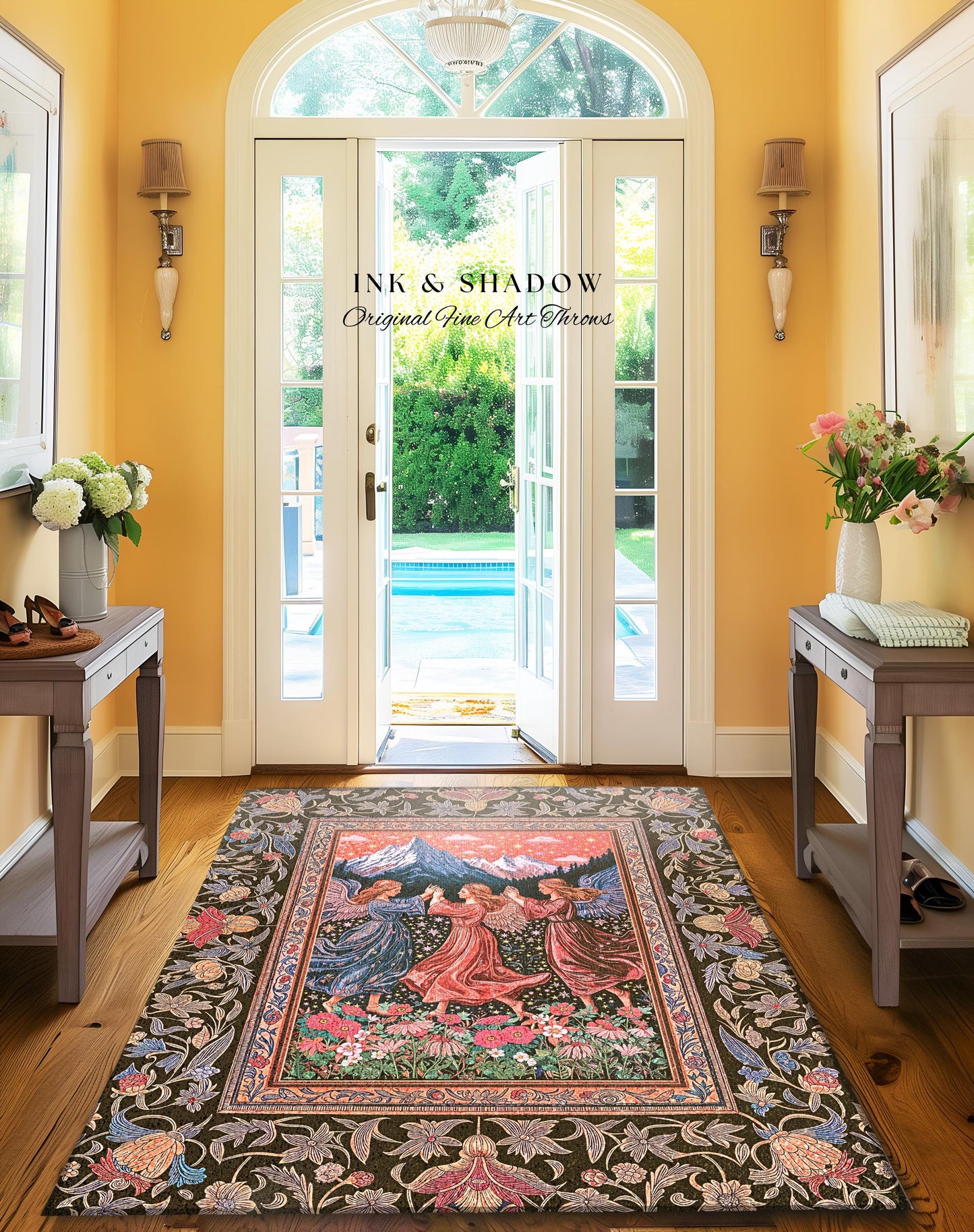 Enchanted Meadow Angel Rug | Ethereal Dreamy Bohemian Cottagecore Light Academia Mystic Folklore Bedroom Pastel Whimsical Decor Whimsigoth