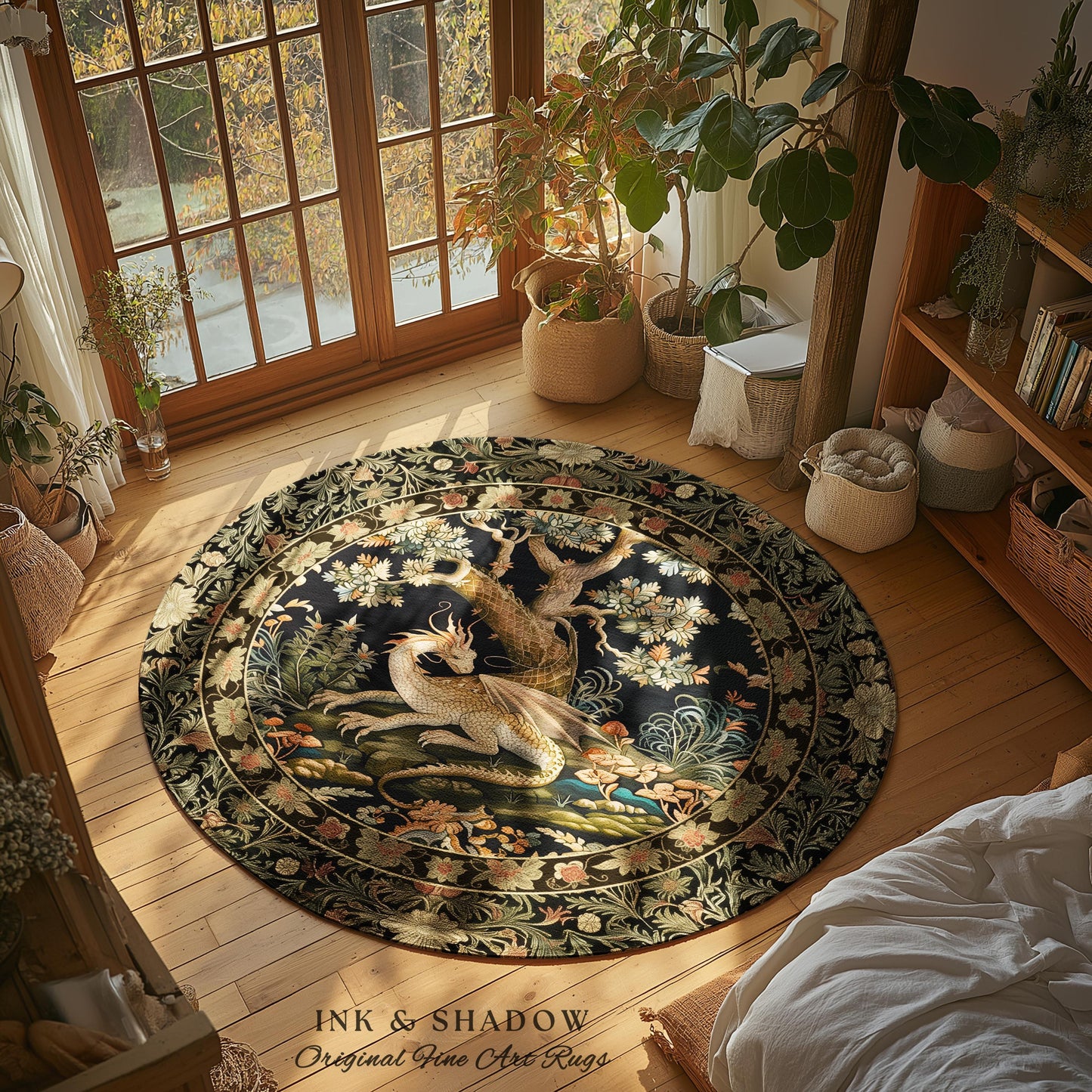 Fantasy Inspired Round Area Rug | Dark Academia Gothic Book Nook Decor Fairycore Bedroom Magical Dragon Aesthetic Maximalist Game Room Rug |