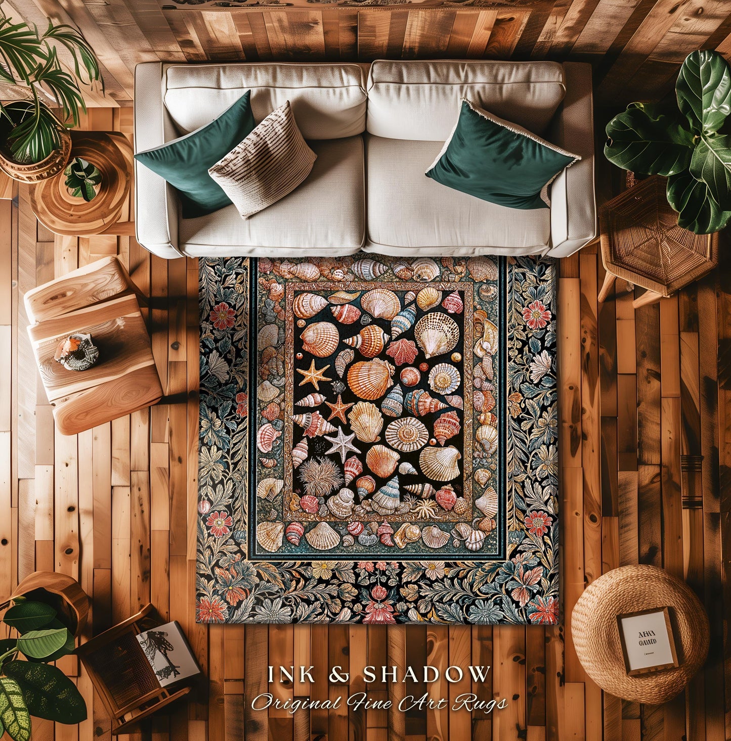 Whimsical Sea Shell Beachy Area Rug | Rustic Beach House Aesthetic Marine-Inspired Art Nautical Design Boho Decor Ocean Lore Coastal Accent
