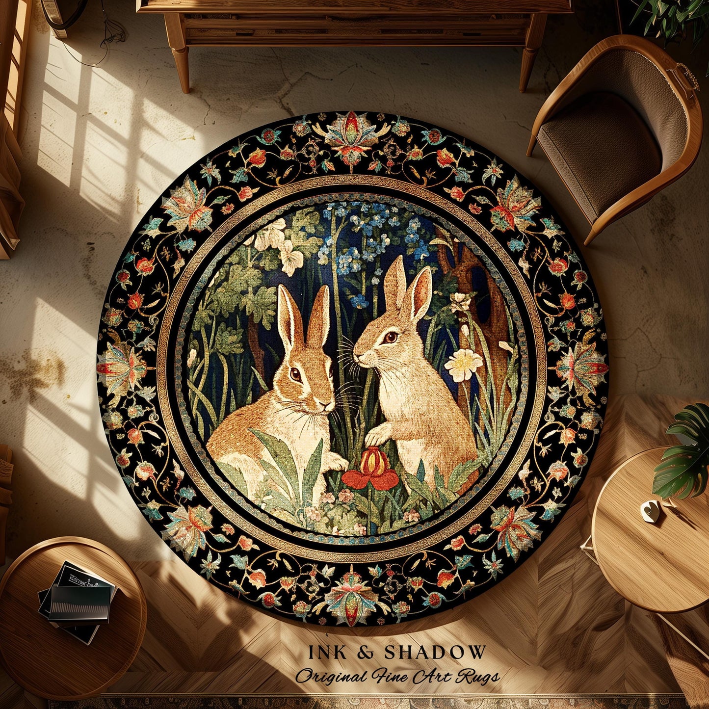 Bunnies in the Woodland Rug | Spring Bunnies Room Decor William Morris Inspired Forest Aesthetic Fairycore Bedroom Floral Bunny Victorian