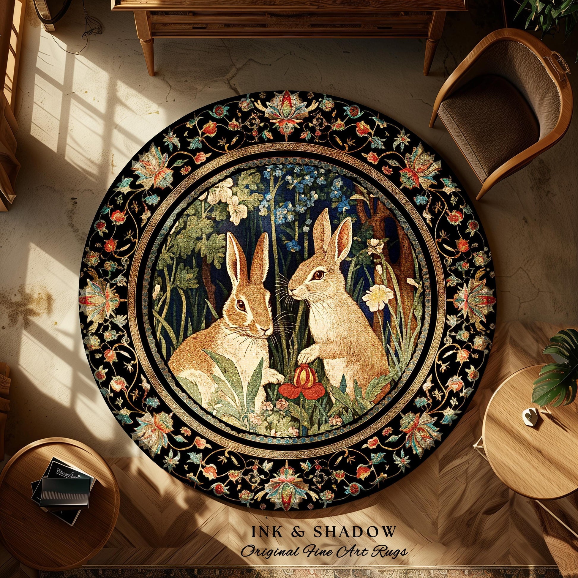 Bunnies in the Woodland Rug | Spring Bunnies Room Decor William Morris Inspired Forest Aesthetic Fairycore Bedroom Floral Bunny Victorian