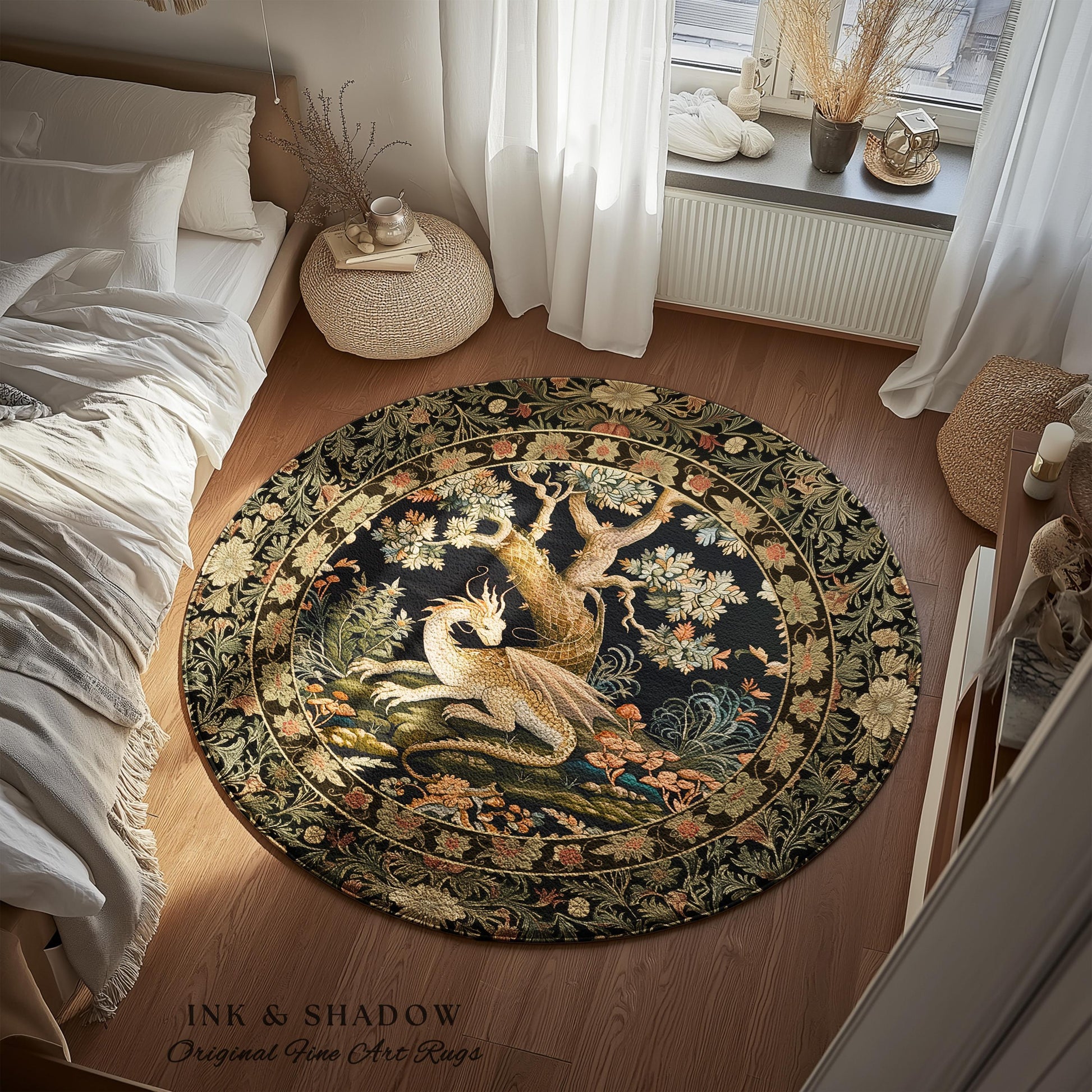 Fantasy Inspired Round Area Rug | Dark Academia Gothic Book Nook Decor Fairycore Bedroom Magical Dragon Aesthetic Maximalist Game Room Rug |