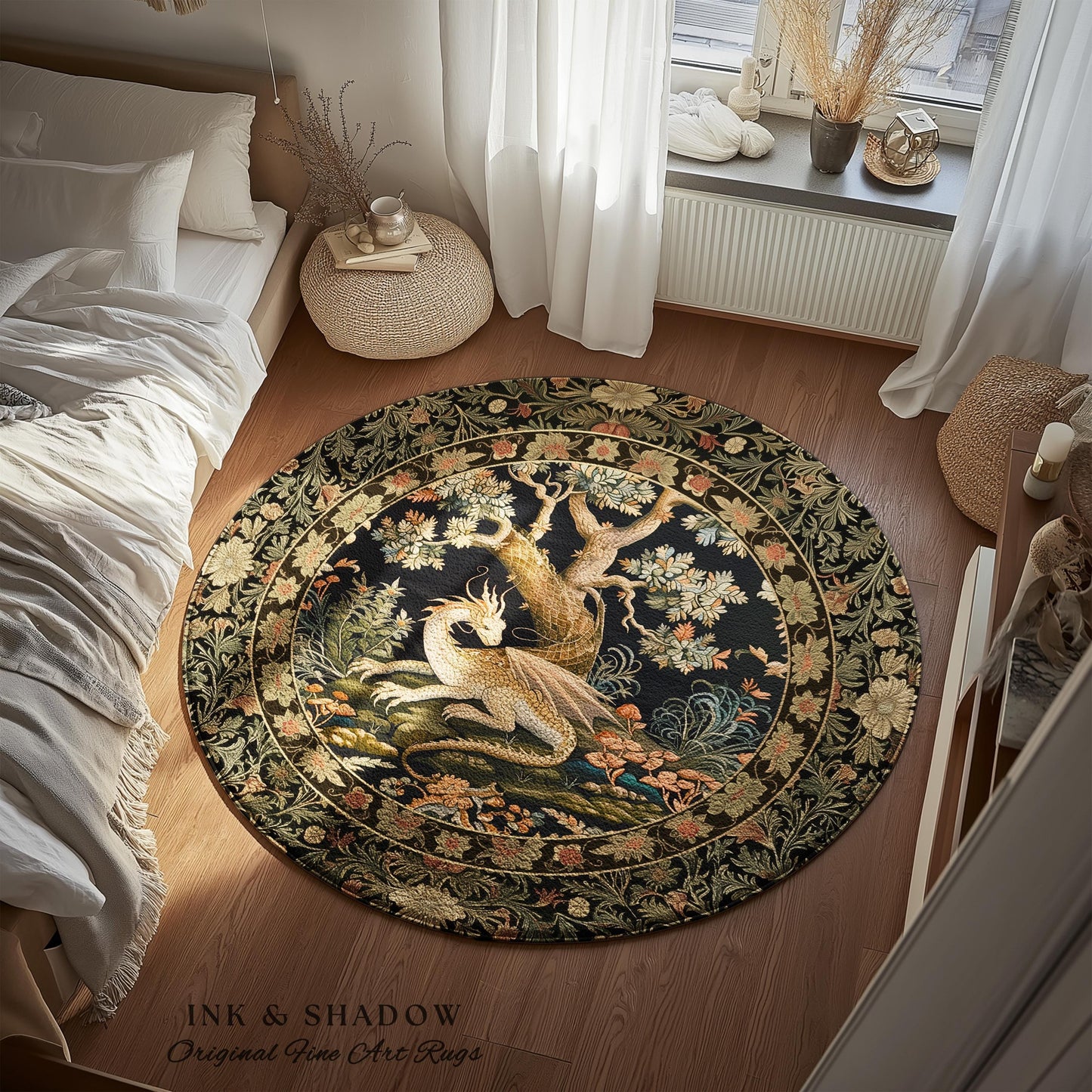 Fantasy Inspired Round Area Rug | Dark Academia Gothic Book Nook Decor Fairycore Bedroom Magical Dragon Aesthetic Maximalist Game Room Rug |