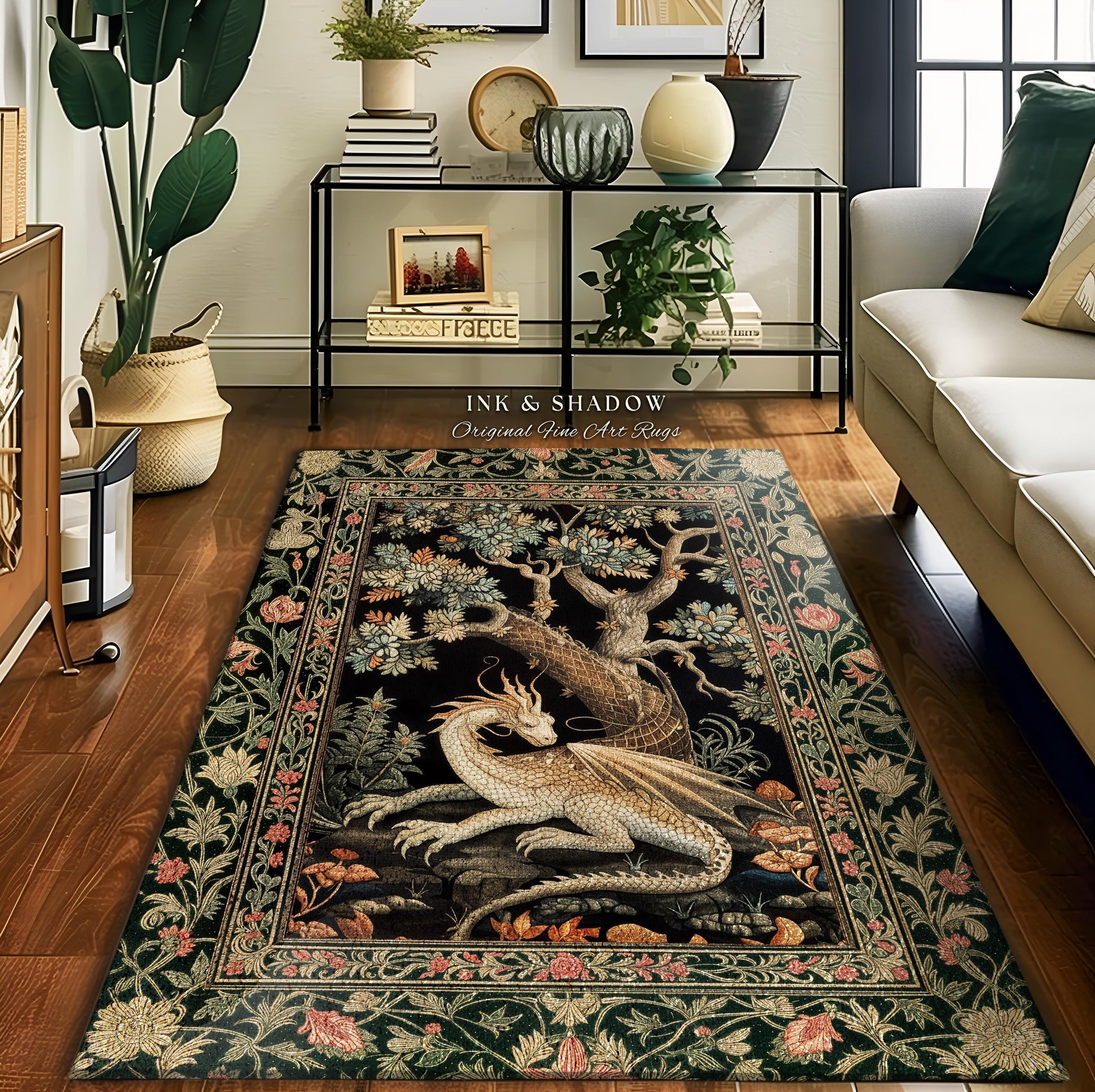 Fantasy Inspired Round Area Rug | Dark Academia Gothic Book Nook Decor Fairycore Bedroom Magical Dragon Aesthetic Maximalist Game Room Rug |