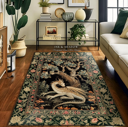 Fantasy Inspired Round Area Rug | Dark Academia Gothic Book Nook Decor Fairycore Bedroom Magical Dragon Aesthetic Maximalist Game Room Rug |