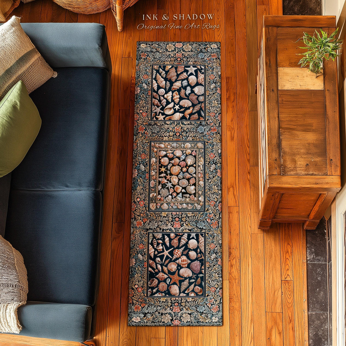Whimsical Sea Shell Beachy Area Rug | Rustic Beach House Aesthetic Marine-Inspired Art Nautical Design Boho Decor Ocean Lore Coastal Accent