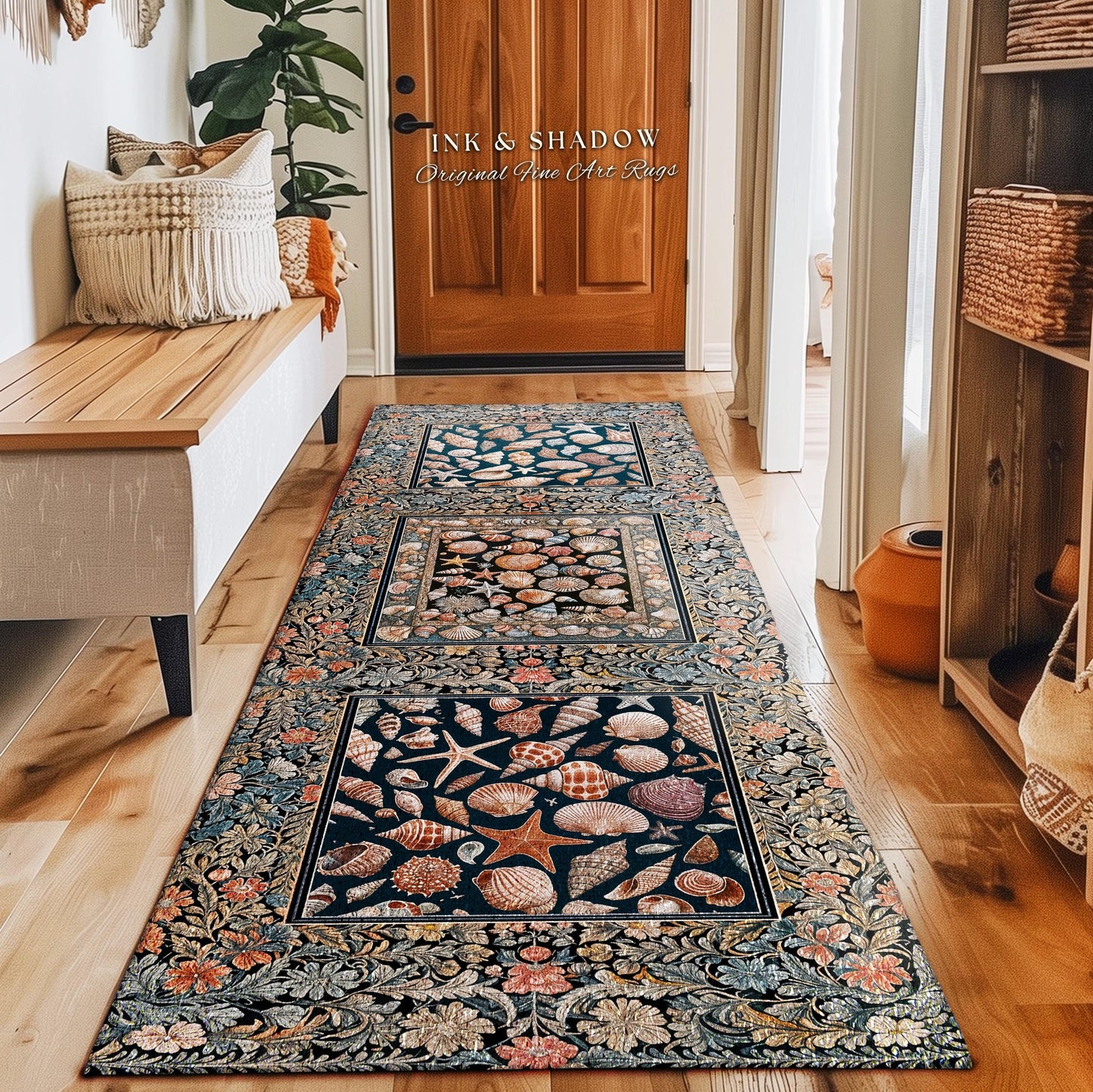 Whimsical Sea Shell Beachy Area Rug | Rustic Beach House Aesthetic Marine-Inspired Art Nautical Design Boho Decor Ocean Lore Coastal Accent
