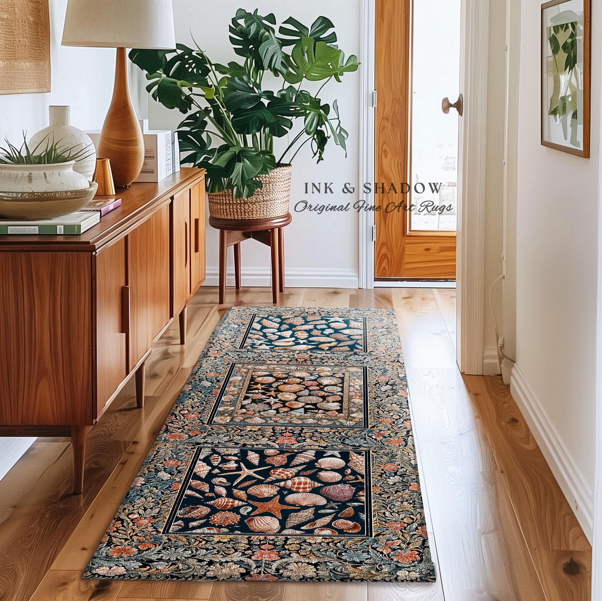 Whimsical Sea Shell Beachy Area Rug | Rustic Beach House Aesthetic Marine-Inspired Art Nautical Design Boho Decor Ocean Lore Coastal Accent