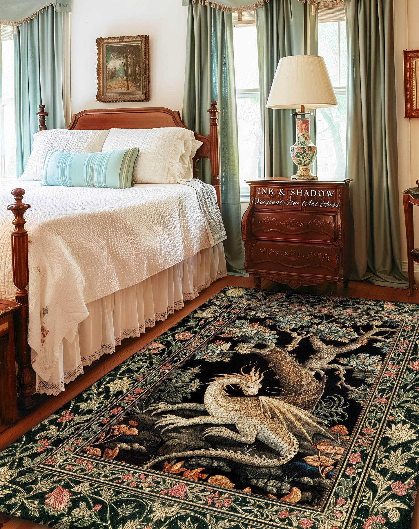 Fantasy Inspired Round Area Rug | Dark Academia Gothic Book Nook Decor Fairycore Bedroom Magical Dragon Aesthetic Maximalist Game Room Rug |
