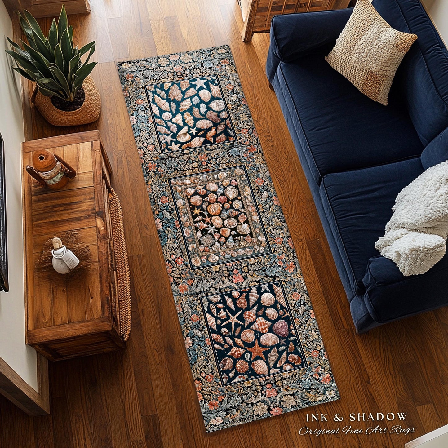 Whimsical Sea Shell Beachy Area Rug | Rustic Beach House Aesthetic Marine-Inspired Art Nautical Design Boho Decor Ocean Lore Coastal Accent