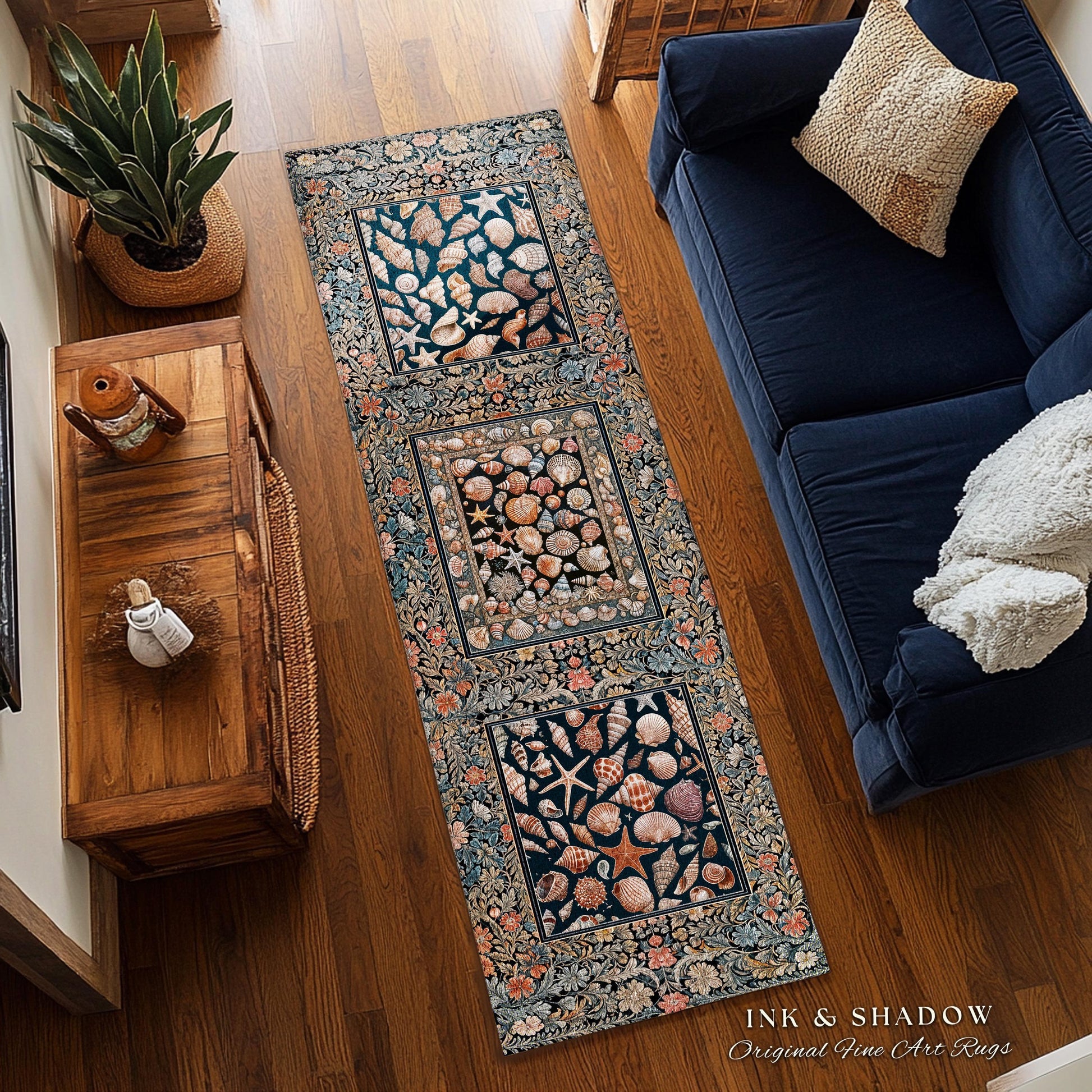 Whimsical Sea Shell Beachy Area Rug | Rustic Beach House Aesthetic Marine-Inspired Art Nautical Design Boho Decor Ocean Lore Coastal Accent