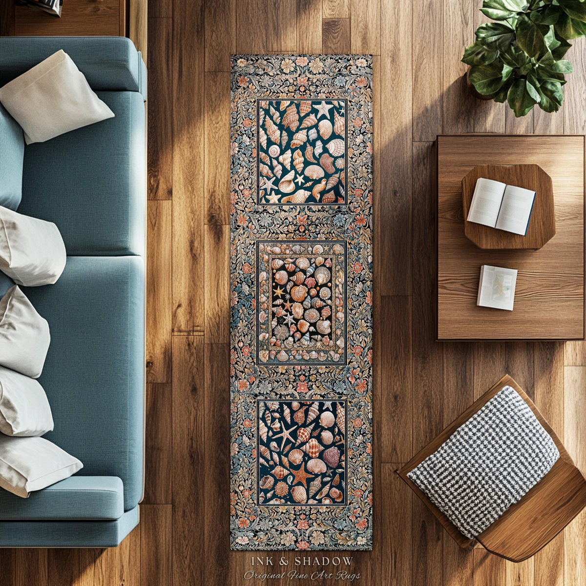 Whimsical Sea Shell Beachy Area Rug | Rustic Beach House Aesthetic Marine-Inspired Art Nautical Design Boho Decor Ocean Lore Coastal Accent