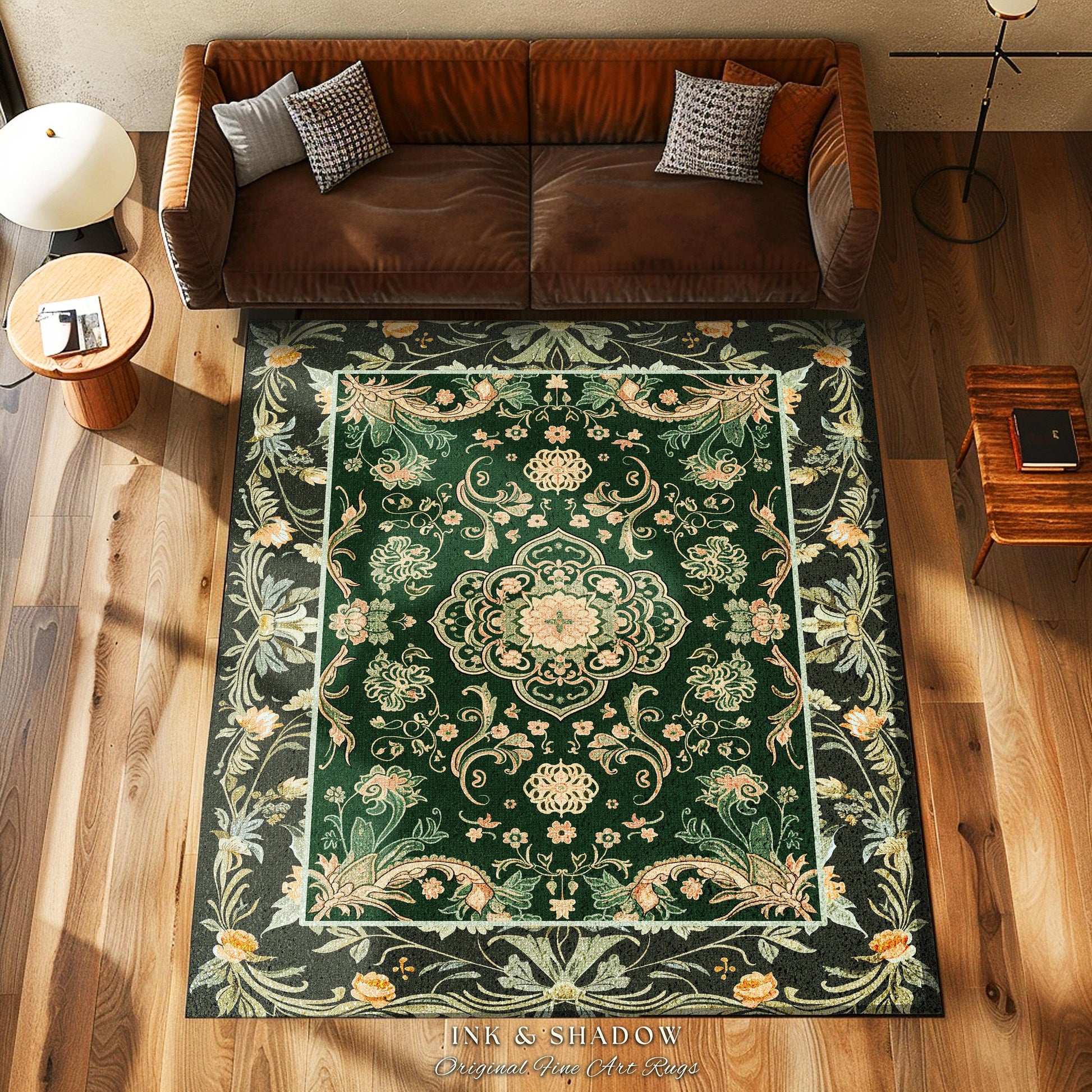 Emerald Accent Rug for Living Room | Classic Ornate Statement Rug with Green Detail Peachy Accent Bohemian Aesthetic for Cozy Reading Nook |