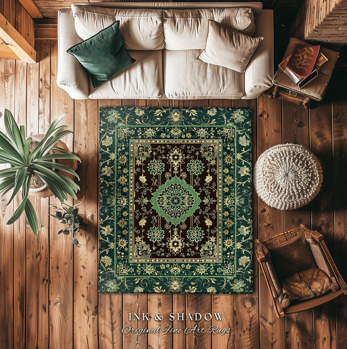 Dark Academia Emerald Statement Rug | Reading Nook Cozy Floor Rug Ornate Rug with Blue Green Detail Cottagecore Victorian Gothic Aesthetic