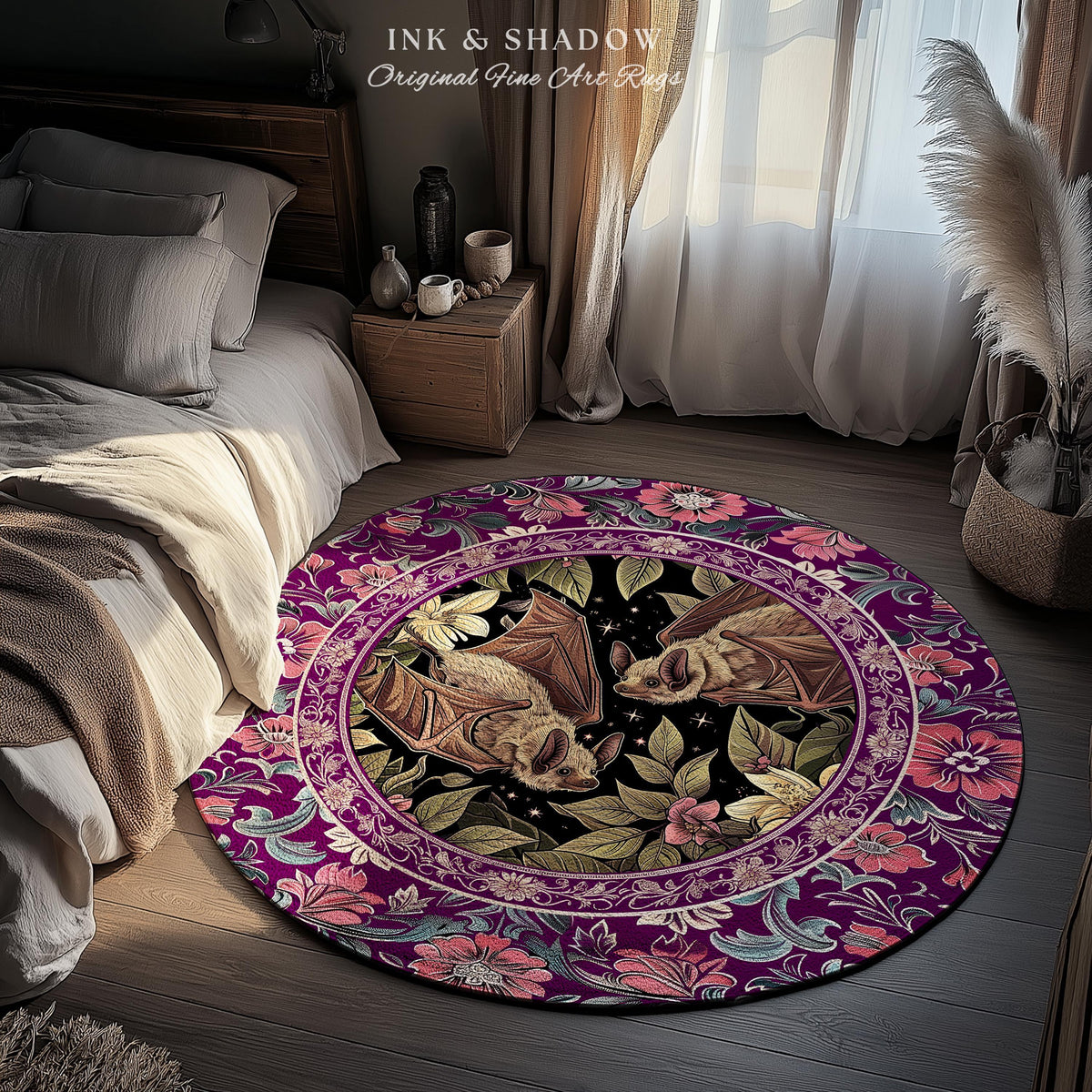 Romantic Victorian Gothic Bat Lovers Rug Whimsical Dark Floral Baroque Forestcore | Ethereal Botanical Whimsical Woodland Cottagecore Decor