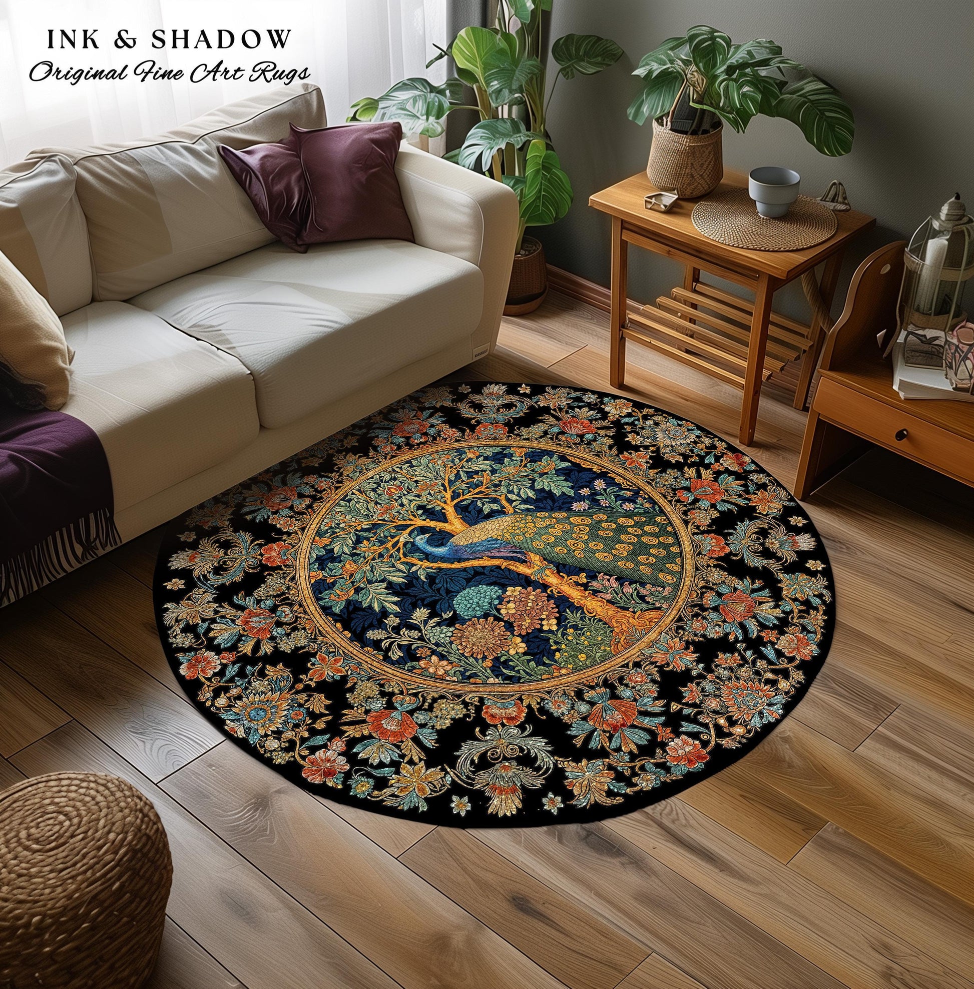 Cottagecore Peacock Accent Rug | Royalcore Floral Room Decor William Morris Inspired Cottagecore Aesthetic Fairycore Bedroom Ethereal