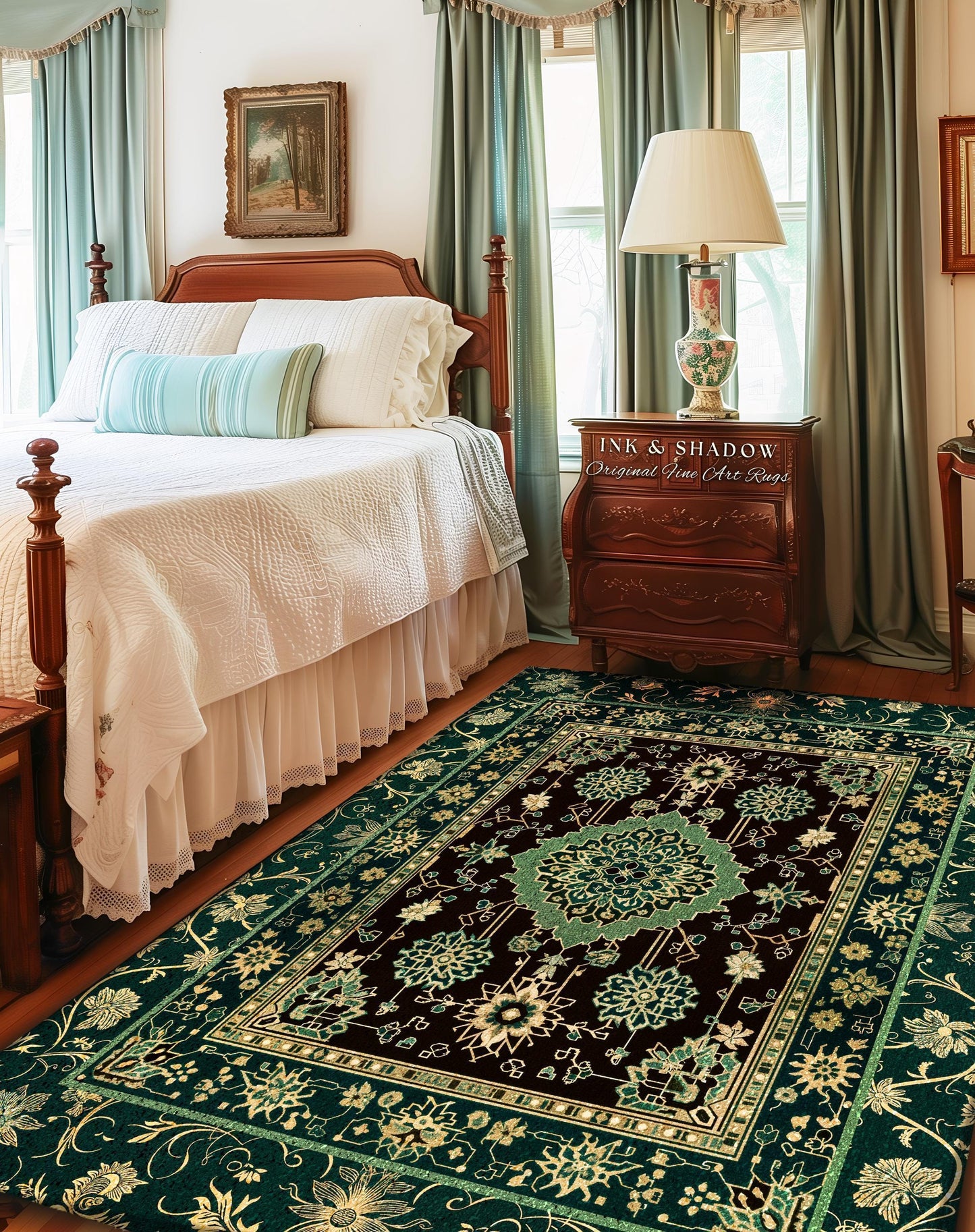 Dark Academia Emerald Statement Rug | Reading Nook Cozy Floor Rug Ornate Rug with Blue Green Detail Cottagecore Victorian Gothic Aesthetic