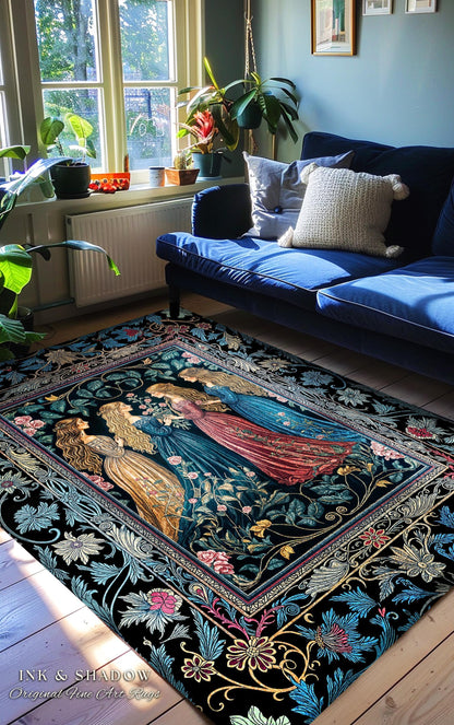 May include: A rectangular area rug with a floral border and a central image of three women in flowing gowns. The rug has a black background with colorful floral and foliage patterns. The text "INK & SHADOW Original Fine Art Rugs" is visible.