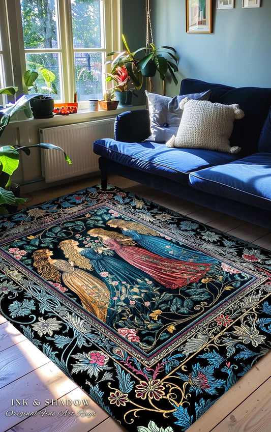 May include: A rectangular area rug with a floral border and a central image of three women in flowing gowns. The rug has a black background with colorful floral and foliage patterns. The text "INK & SHADOW Original Fine Art Rugs" is visible.