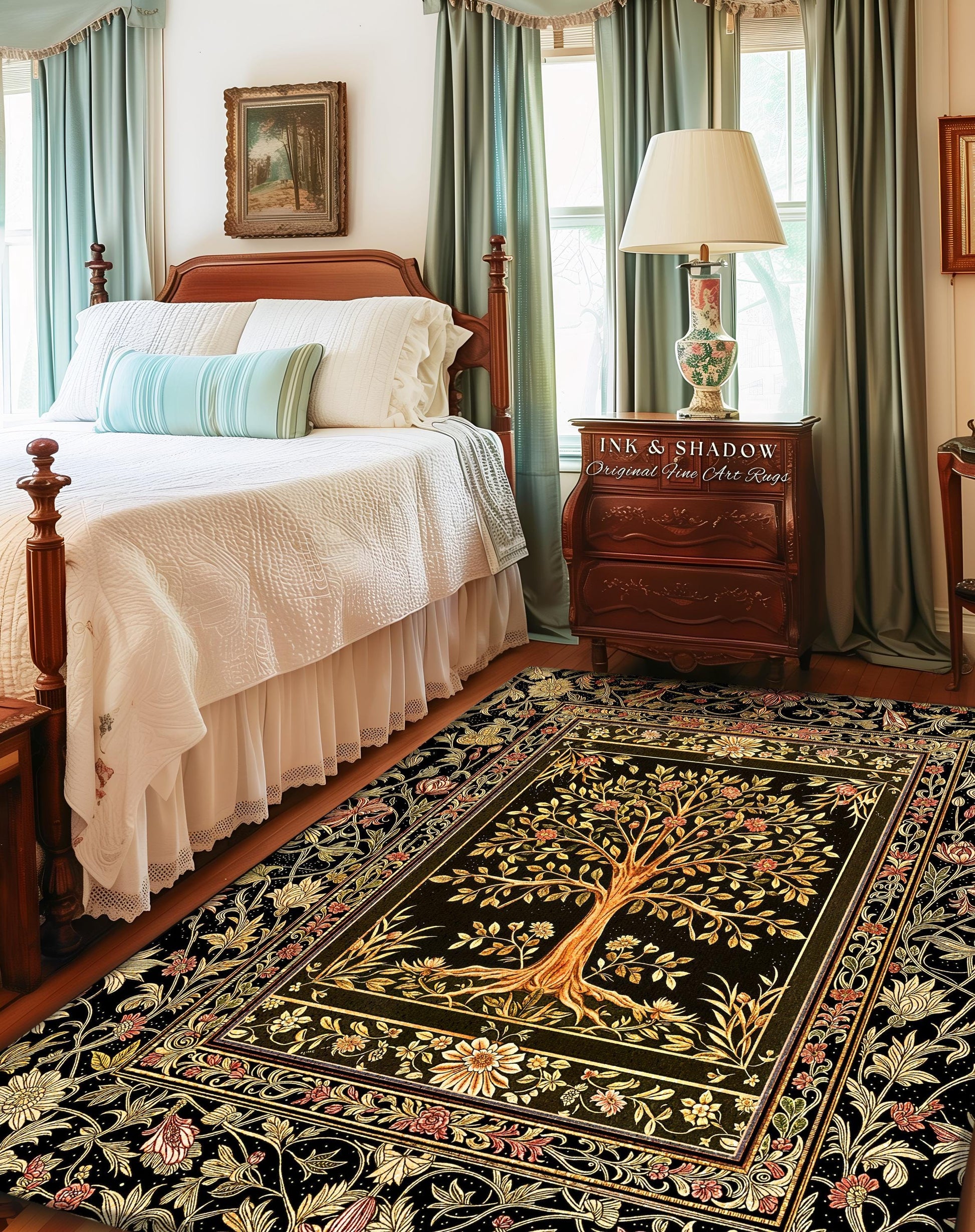 Baroque Forest Whimsical Accent Rug | Ornate Botanical Design Gothic Cottagecore Decor Romantic Fairycore Vintage Floral Bedroom Carpet |