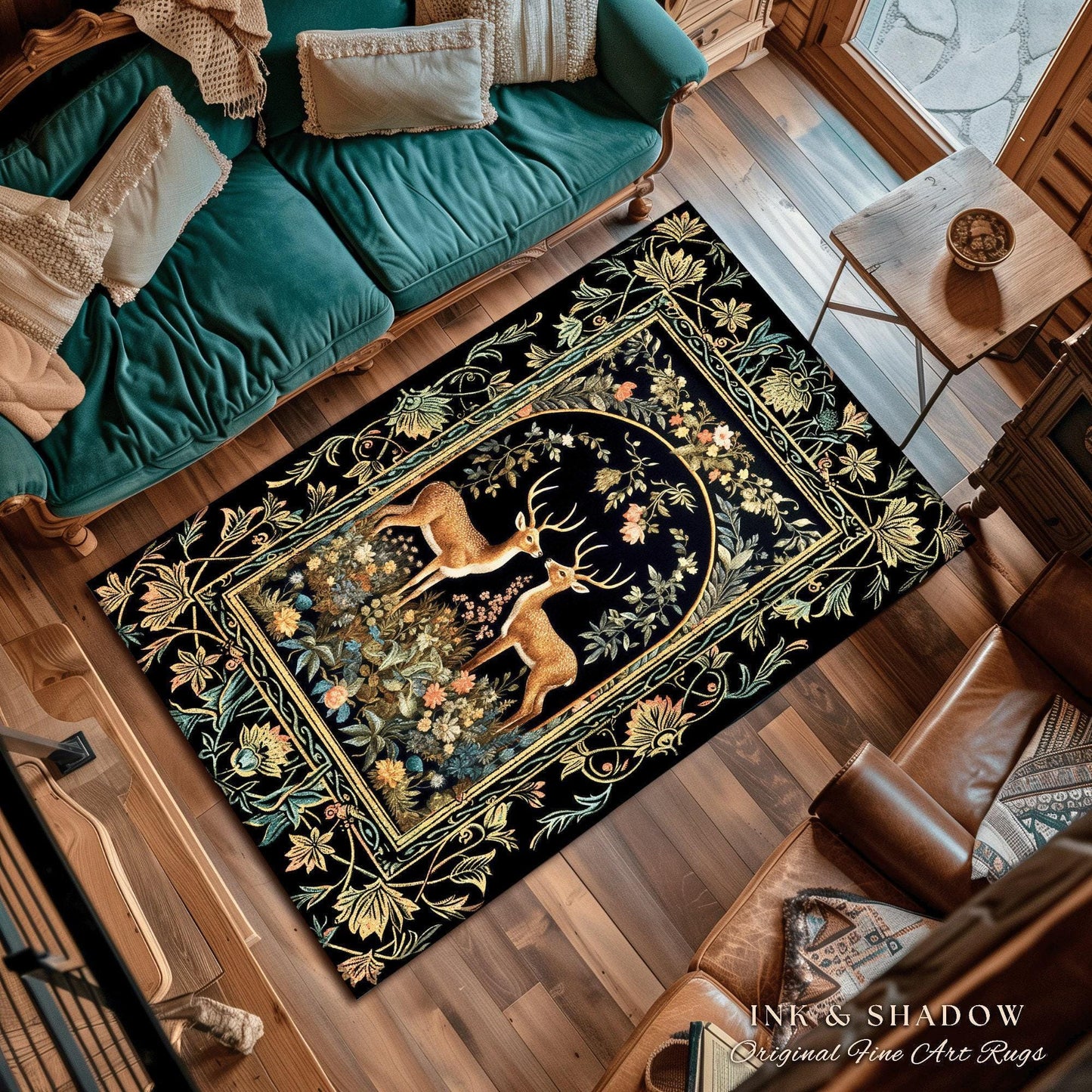 Mystical Deer Lovers Round Rug Vintage Floral Cottagecore Aesthetic Fairycore Decor | Magical Nature Inspired Woodland Forest Deer Art Rug