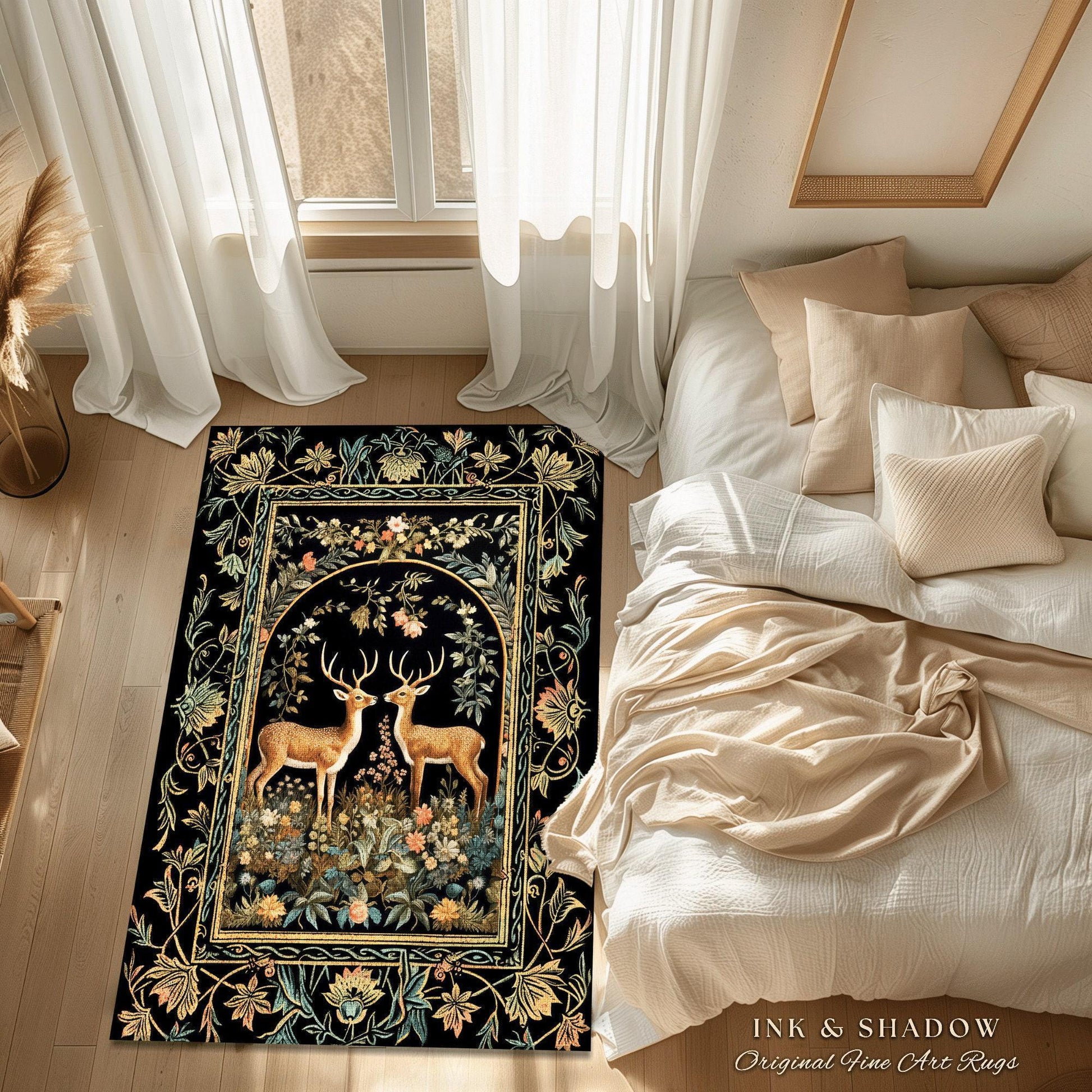 Mystical Deer Lovers Round Rug Vintage Floral Cottagecore Aesthetic Fairycore Decor | Magical Nature Inspired Woodland Forest Deer Art Rug