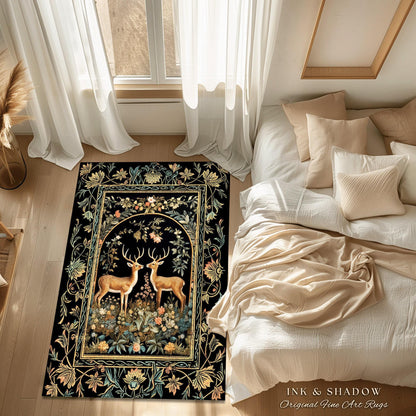 Mystical Deer Lovers Round Rug Vintage Floral Cottagecore Aesthetic Fairycore Decor | Magical Nature Inspired Woodland Forest Deer Art Rug