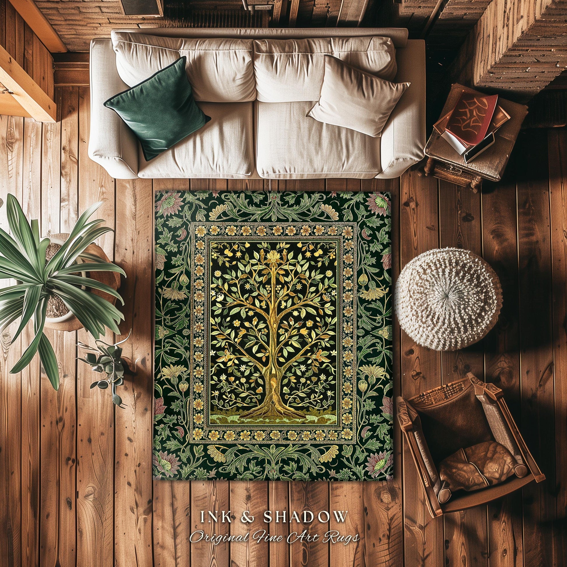 Golden Aesthetic Tree of Life Rug | Emerald Botanical Decor Romantic Folklore Gothic Tapestry Style Vintage Floral Maximalist Home Accent |