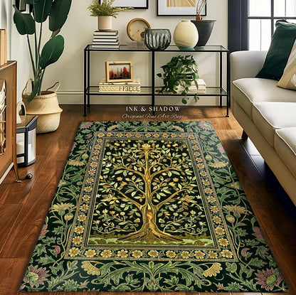 Golden Aesthetic Tree of Life Rug | Emerald Botanical Decor Romantic Folklore Gothic Tapestry Style Vintage Floral Maximalist Home Accent |