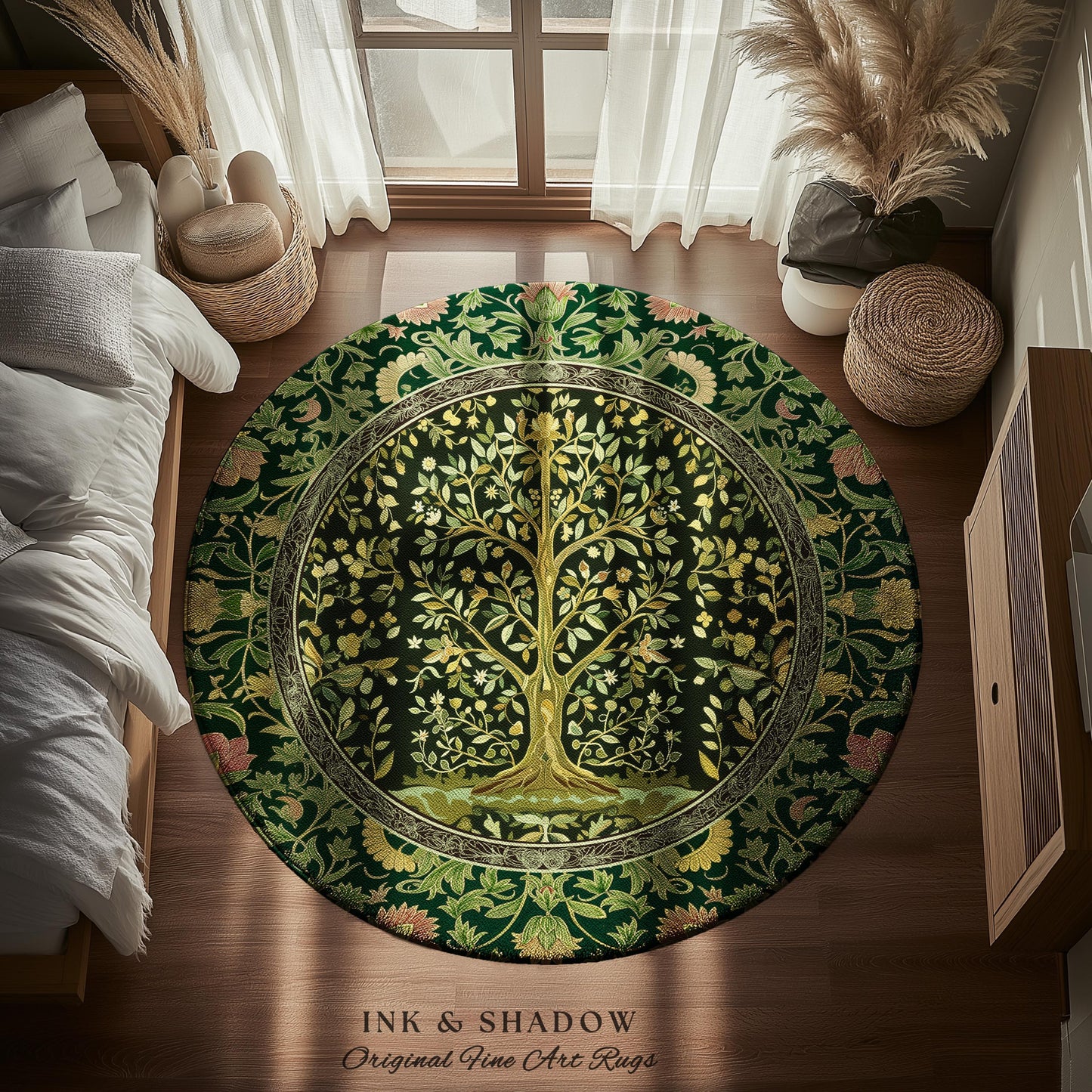 Golden Aesthetic Tree of Life Rug | Emerald Botanical Decor Romantic Folklore Gothic Tapestry Style Vintage Floral Maximalist Home Accent |