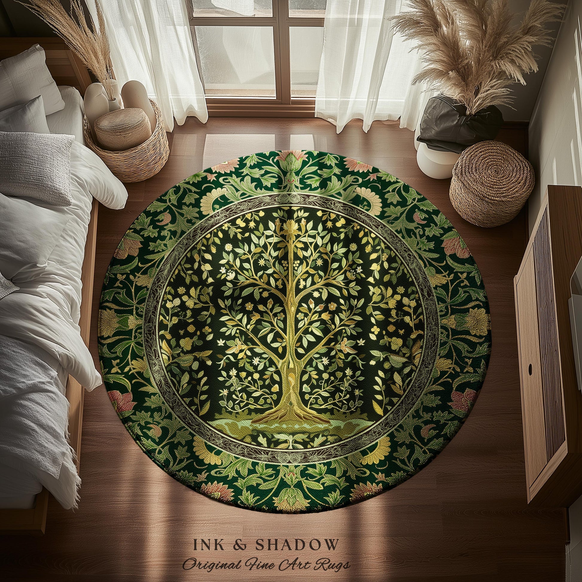 Golden Aesthetic Tree of Life Rug | Emerald Botanical Decor Romantic Folklore Gothic Tapestry Style Vintage Floral Maximalist Home Accent |