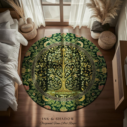 Golden Aesthetic Tree of Life Rug | Emerald Botanical Decor Romantic Folklore Gothic Tapestry Style Vintage Floral Maximalist Home Accent |