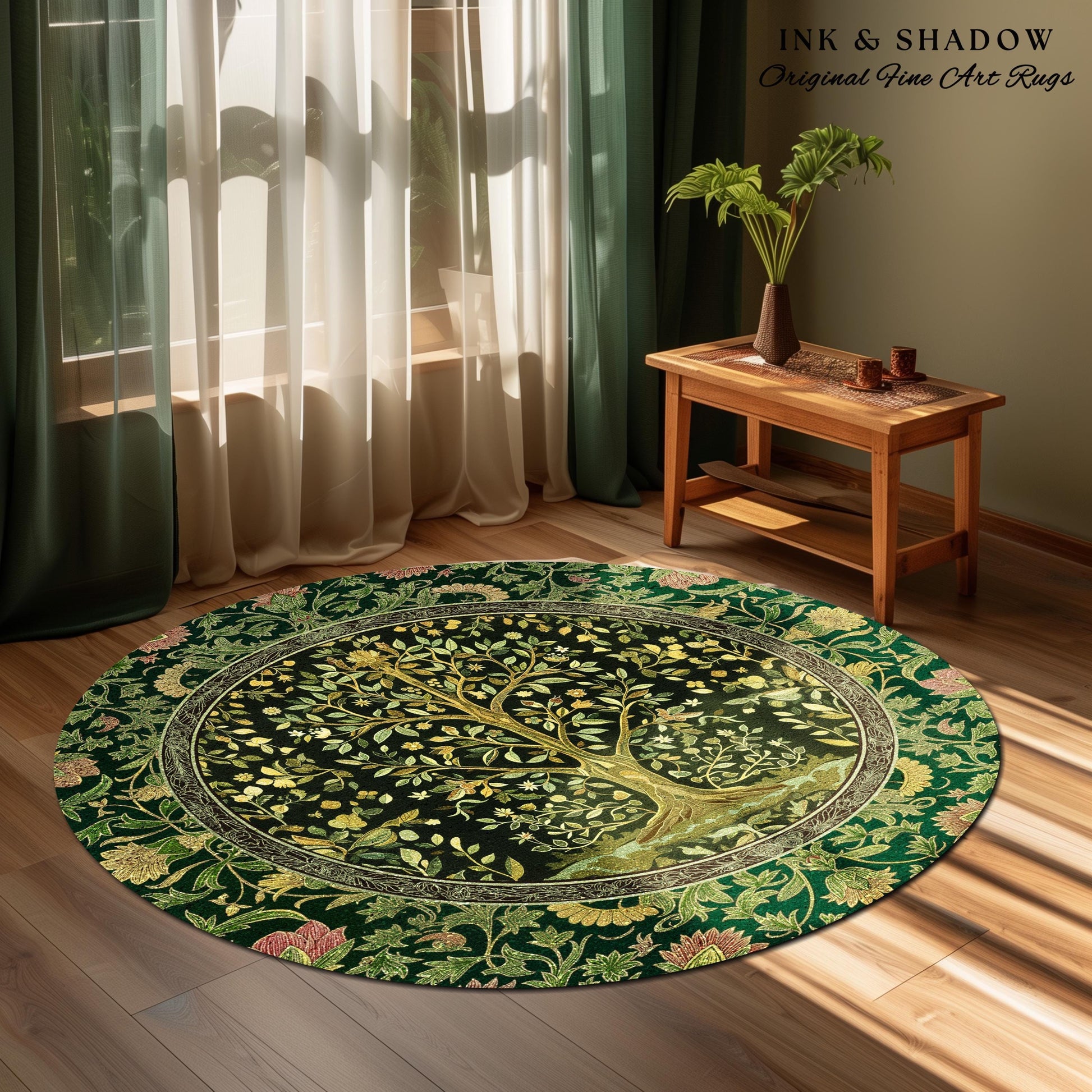 Golden Aesthetic Tree of Life Rug | Emerald Botanical Decor Romantic Folklore Gothic Tapestry Style Vintage Floral Maximalist Home Accent |
