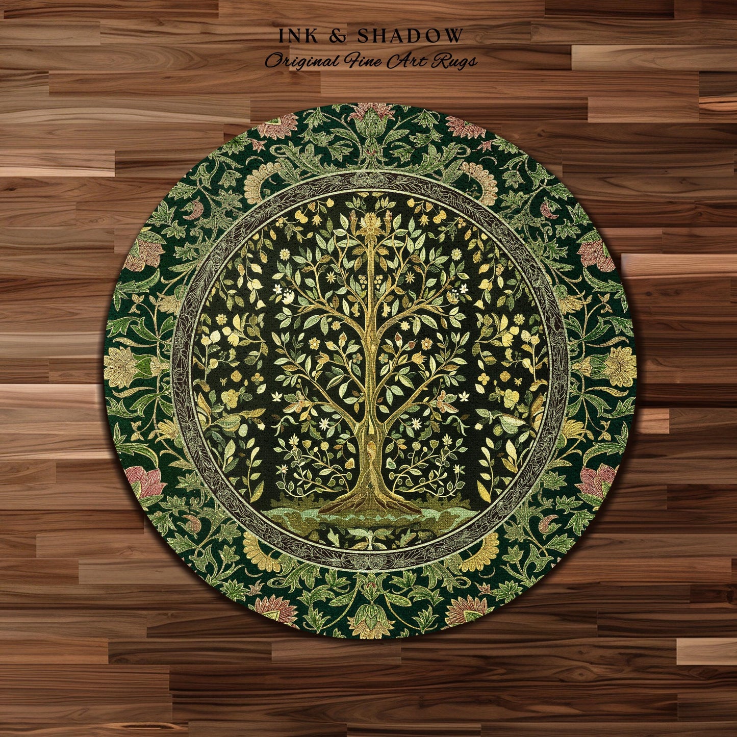 Golden Aesthetic Tree of Life Rug | Emerald Botanical Decor Romantic Folklore Gothic Tapestry Style Vintage Floral Maximalist Home Accent |