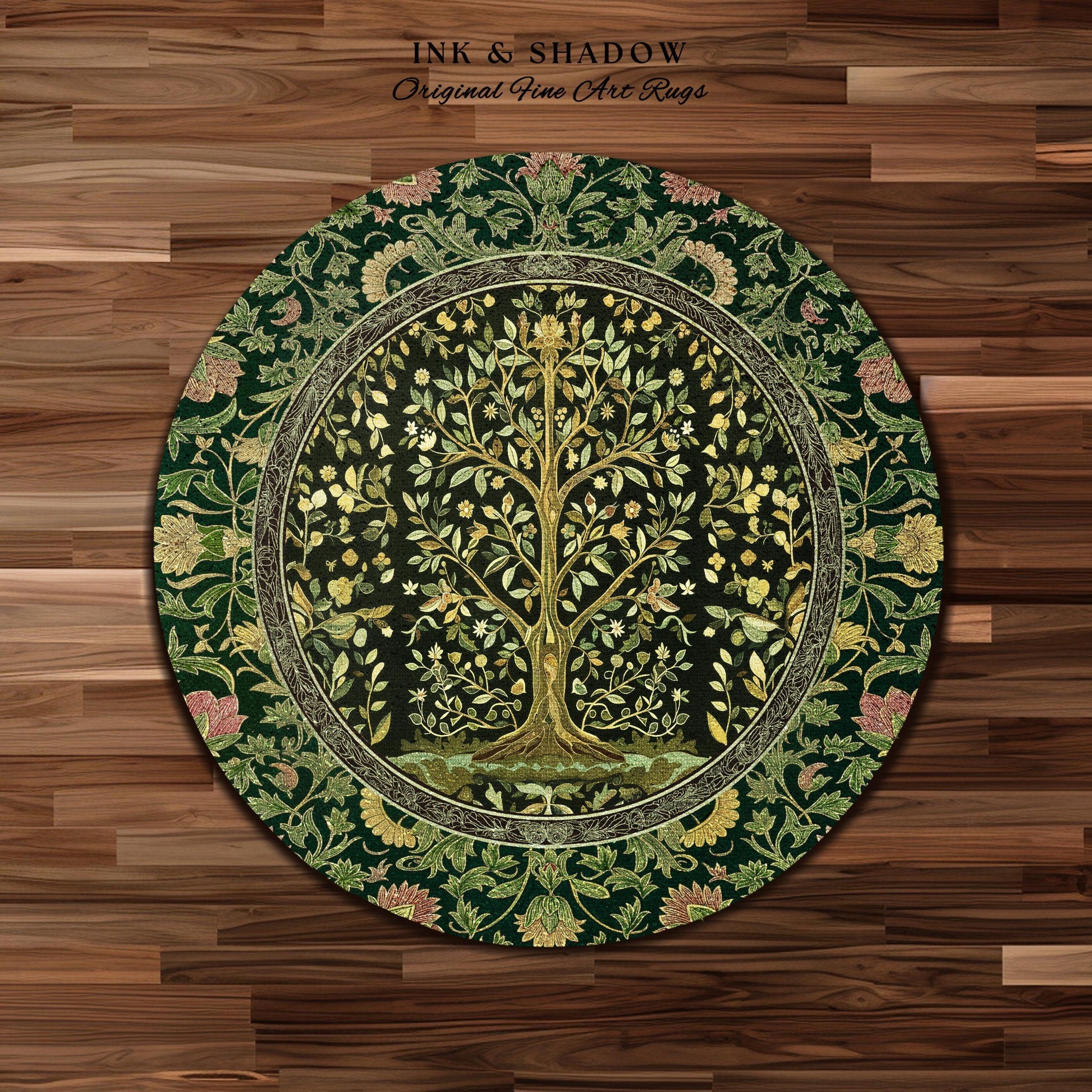 Golden Aesthetic Tree of Life Rug | Emerald Botanical Decor Romantic Folklore Gothic Tapestry Style Vintage Floral Maximalist Home Accent |