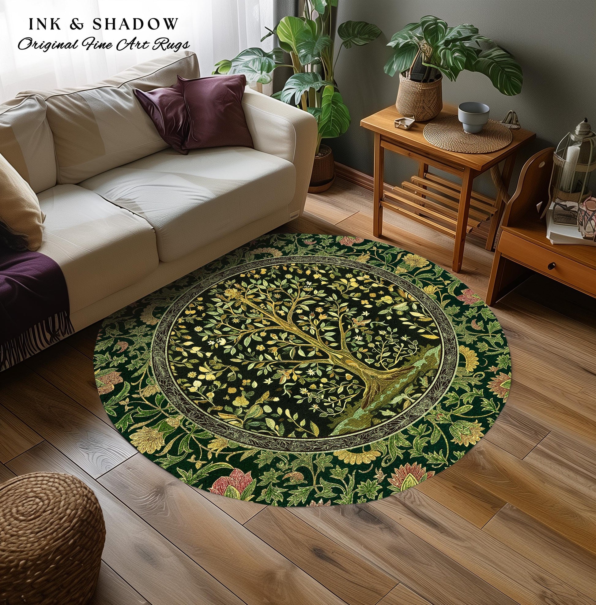 Golden Aesthetic Tree of Life Rug | Emerald Botanical Decor Romantic Folklore Gothic Tapestry Style Vintage Floral Maximalist Home Accent |
