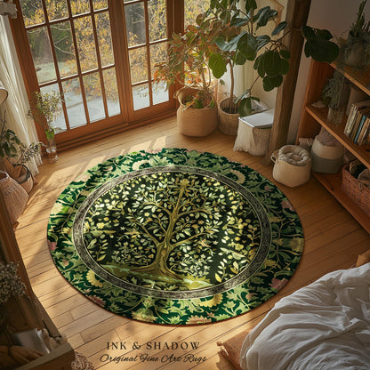 Golden Aesthetic Tree of Life Rug | Emerald Botanical Decor Romantic Folklore Gothic Tapestry Style Vintage Floral Maximalist Home Accent |