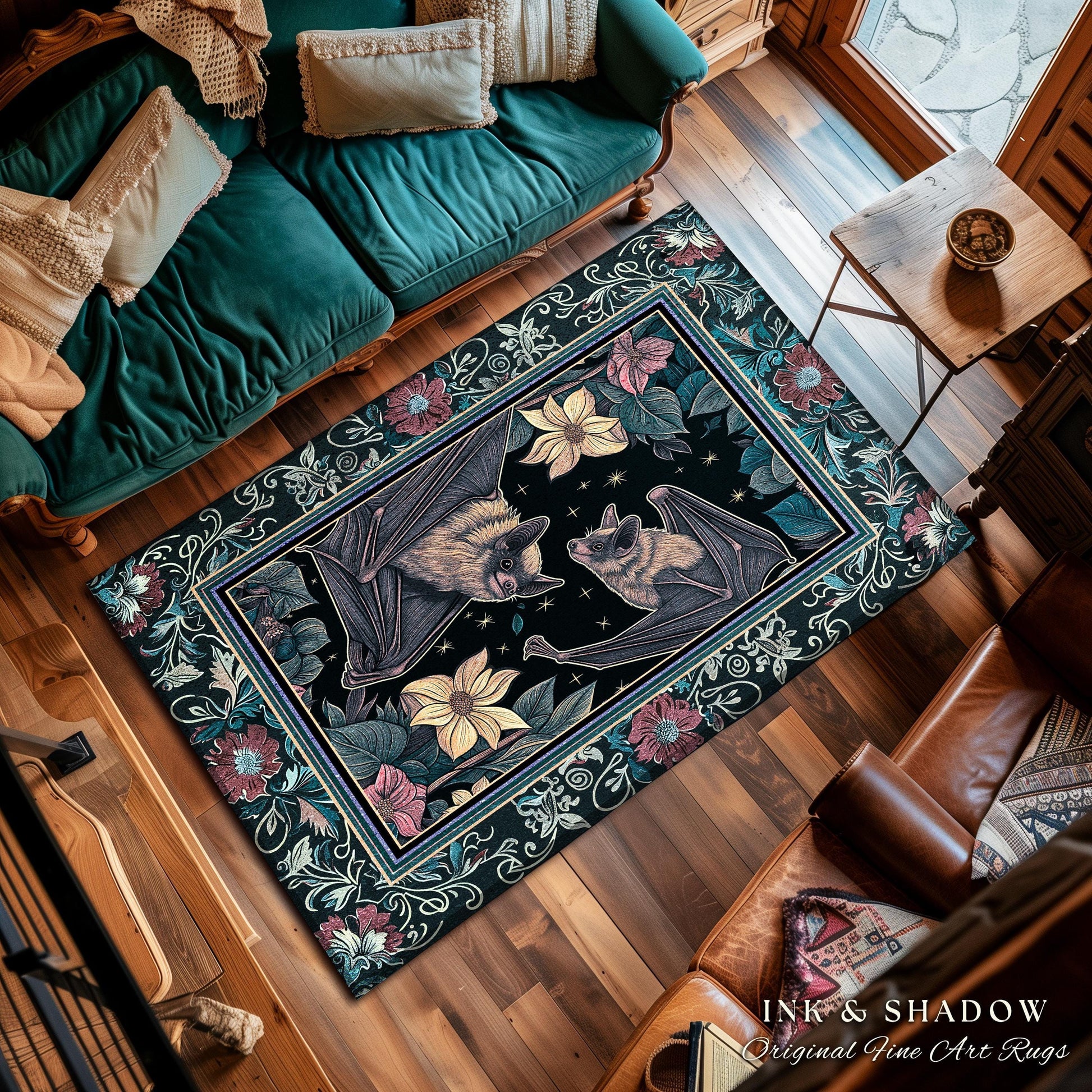 Moody Dark Acedemia Tapestry Woven Bat Rug Starry Night Woodland Gothic Floral Decor, Antique Aesthetic Victorian Botanical Whimsigothic Art
