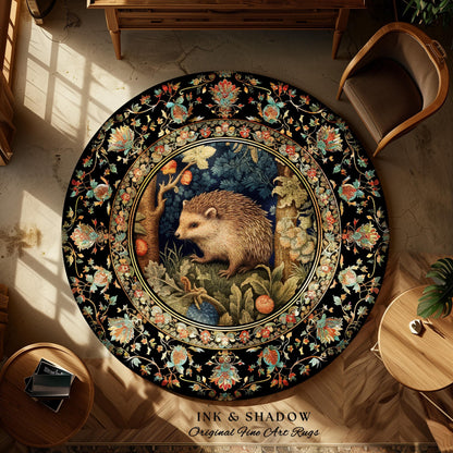 Hedge Hog Lover Botanical Rug | Forestcore Decor Cottagecore Reading Corner Accent Rug Dark Fairycore Room Mystical Woodland Hedgehog Gift |