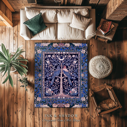 Moody Violet Raven Accent Rug | Gothic Floral Nighttime Celestial Style Pastel Aesthetic Baroque Witchy Academic Bedroom Purple Dreamy Decor