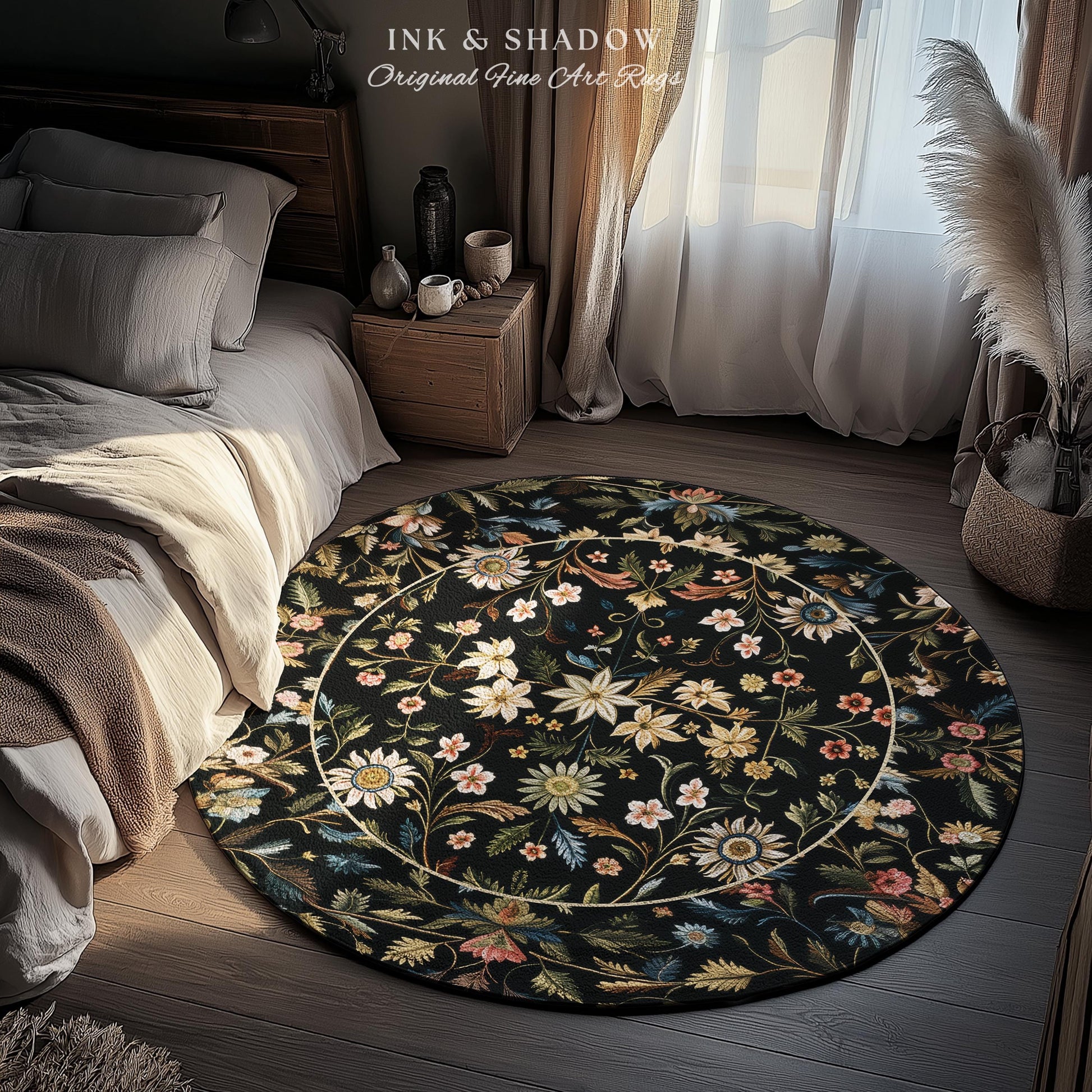 Floral Folk Art Area Rug | Scandinavian Wildflower Aesthetic Danish Pastel Home Decor Rustic Housewarming Gift Fairycore Bedroom Folklore |