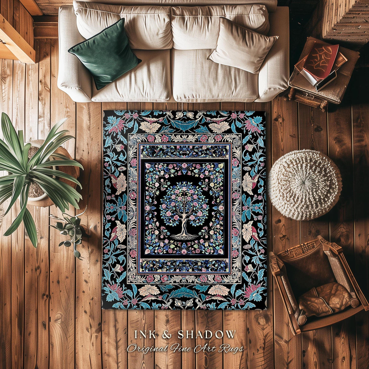 Timeless Folklore Tree Accent Rug | Gothic Floral Medieval Ornate Nature Motif Romantic Garden Aesthetic Tapestry Decor Maximalist Home |