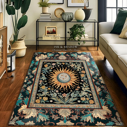May include: A dark green rug with a black center featuring a gold sun with a moon and stars inside. The sun is surrounded by a floral design with a teal border. The rug has the text "INK & SHADOW Original Fine Art Rugs" at the top.